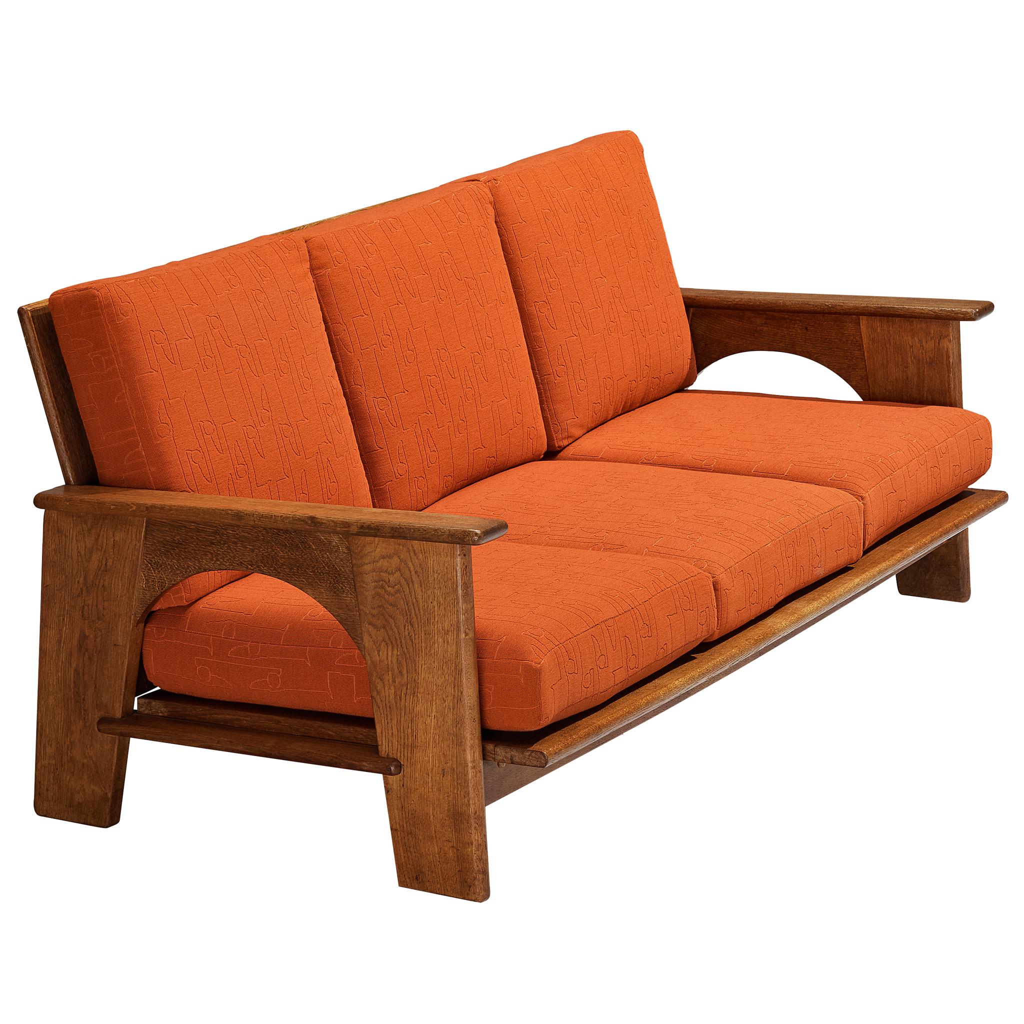 Bas Van Pelt for My Home Reclining Sofa in Oak and Red Upholstery For Sale