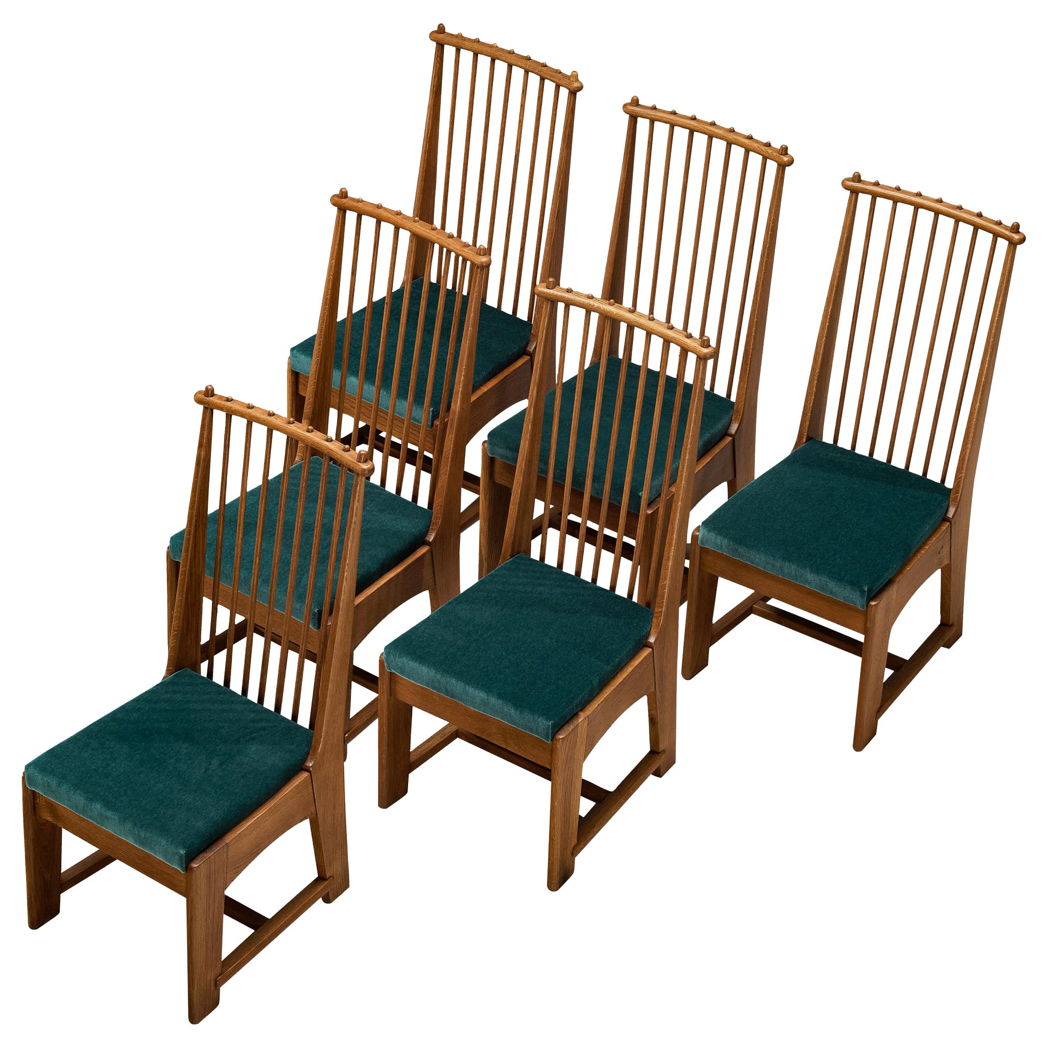 Bas Van Pelt for My Home Set of Six Dining Chairs in Solid Oak and Teal Velvet For Sale
