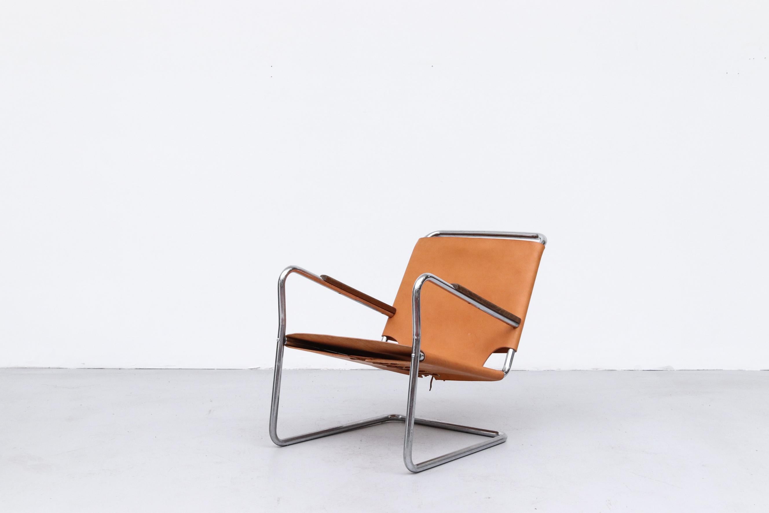 Mid-Century Modern 1930s Bas Van Pelt Leather and Chrome Tubular Lounge Chair with Wood Armrests For Sale