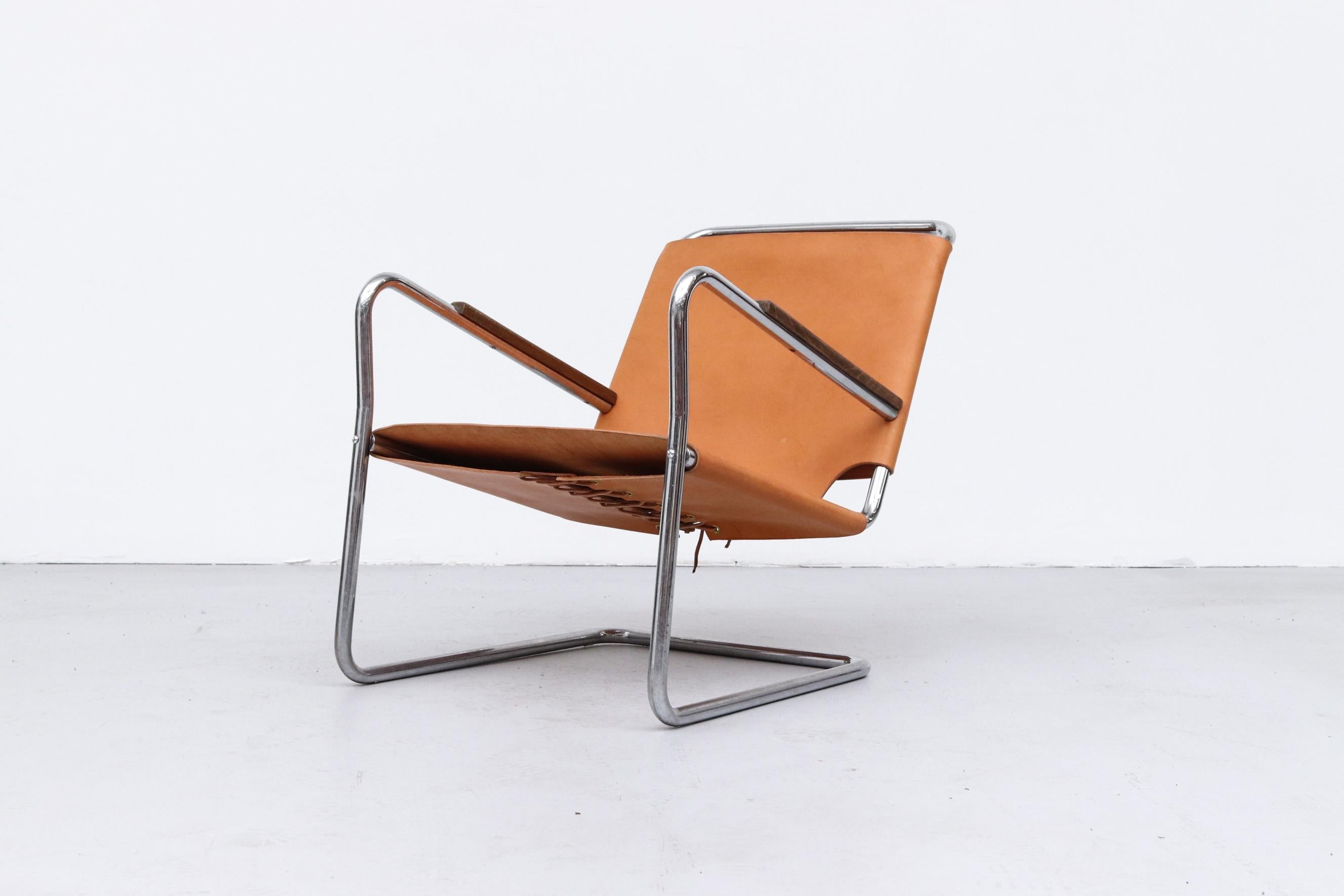 Dutch 1930s Bas Van Pelt Leather and Chrome Tubular Lounge Chair with Wood Armrests For Sale
