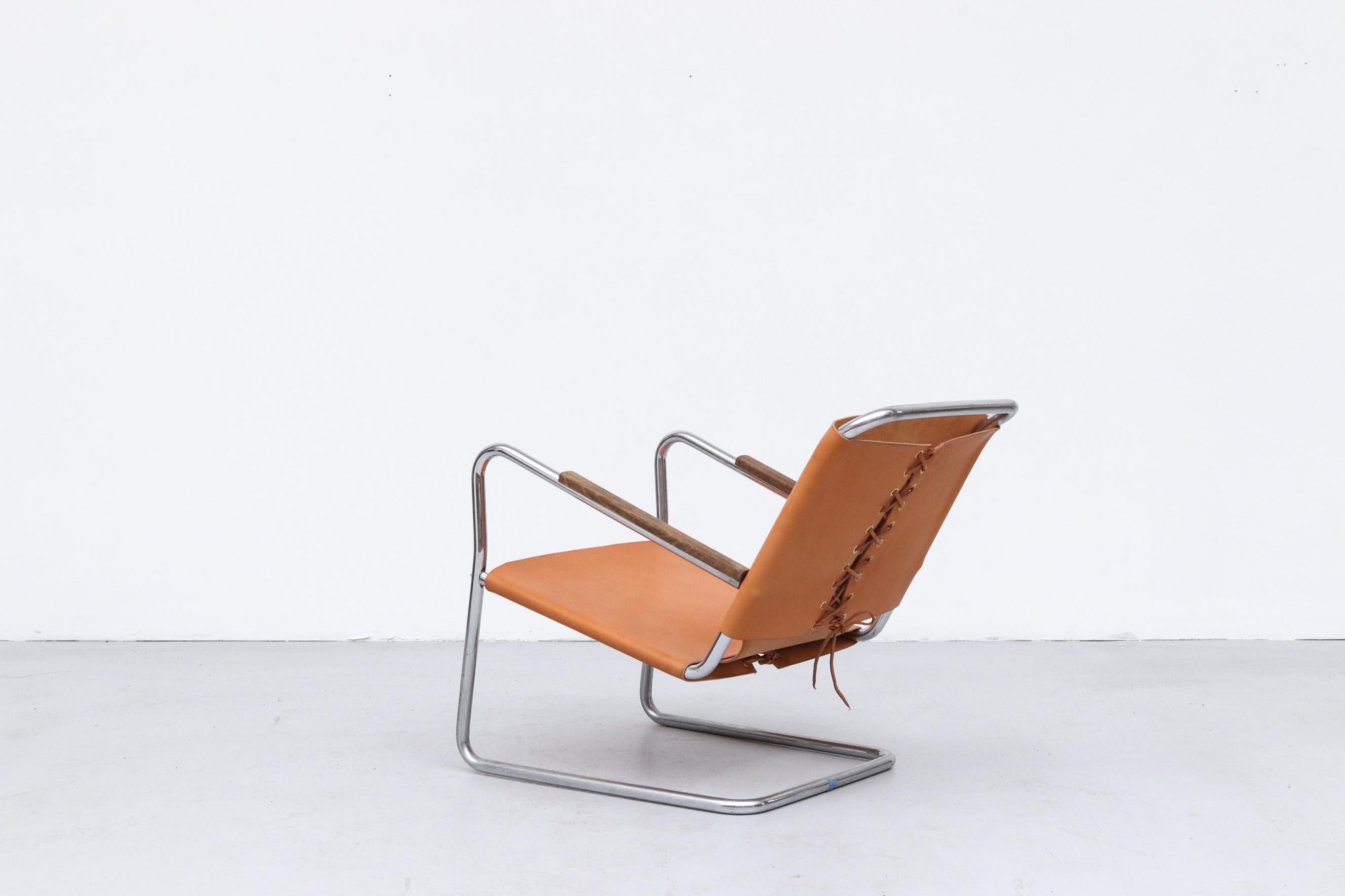 Mid-20th Century 1930s Bas Van Pelt Leather and Chrome Tubular Lounge Chair with Wood Armrests For Sale