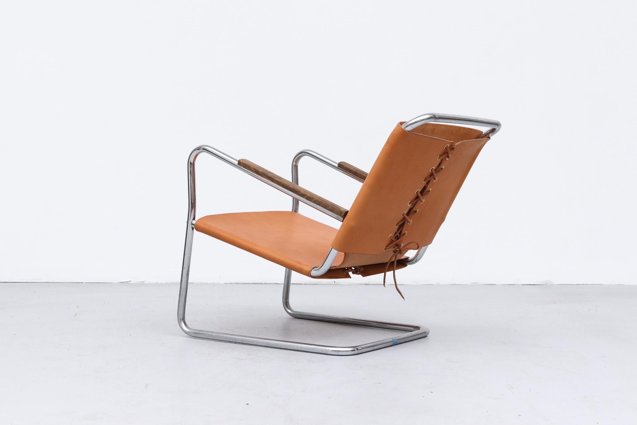 1930s Bas Van Pelt Leather and Chrome Tubular Lounge Chair with Wood Armrests For Sale 1