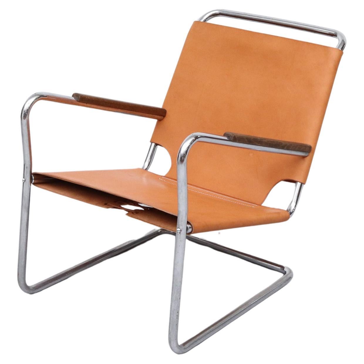 1930s Bas Van Pelt Leather and Chrome Tubular Lounge Chair with Wood Armrests For Sale