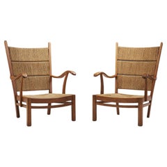 Bas Van Pelt Oak and Straw High Back Armchairs, the Netherlands, 1940s