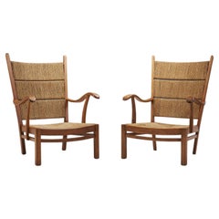 Vintage Bas Van Pelt Oak and Straw High Back Armchairs, the Netherlands, 1940s