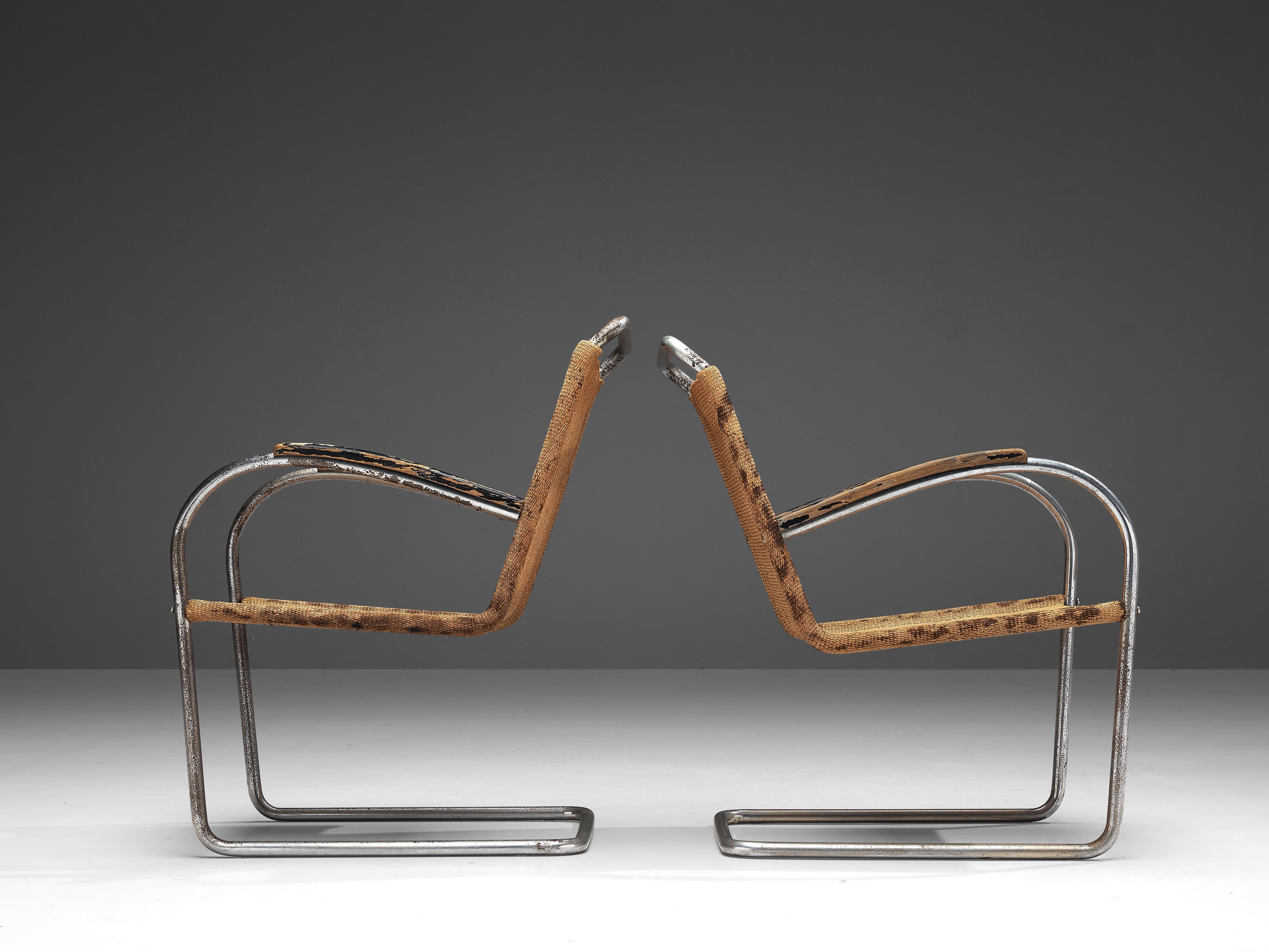 Mid-20th Century Bas van Pelt Pair of Patinated Tubular Armchairs in Sisal  For Sale