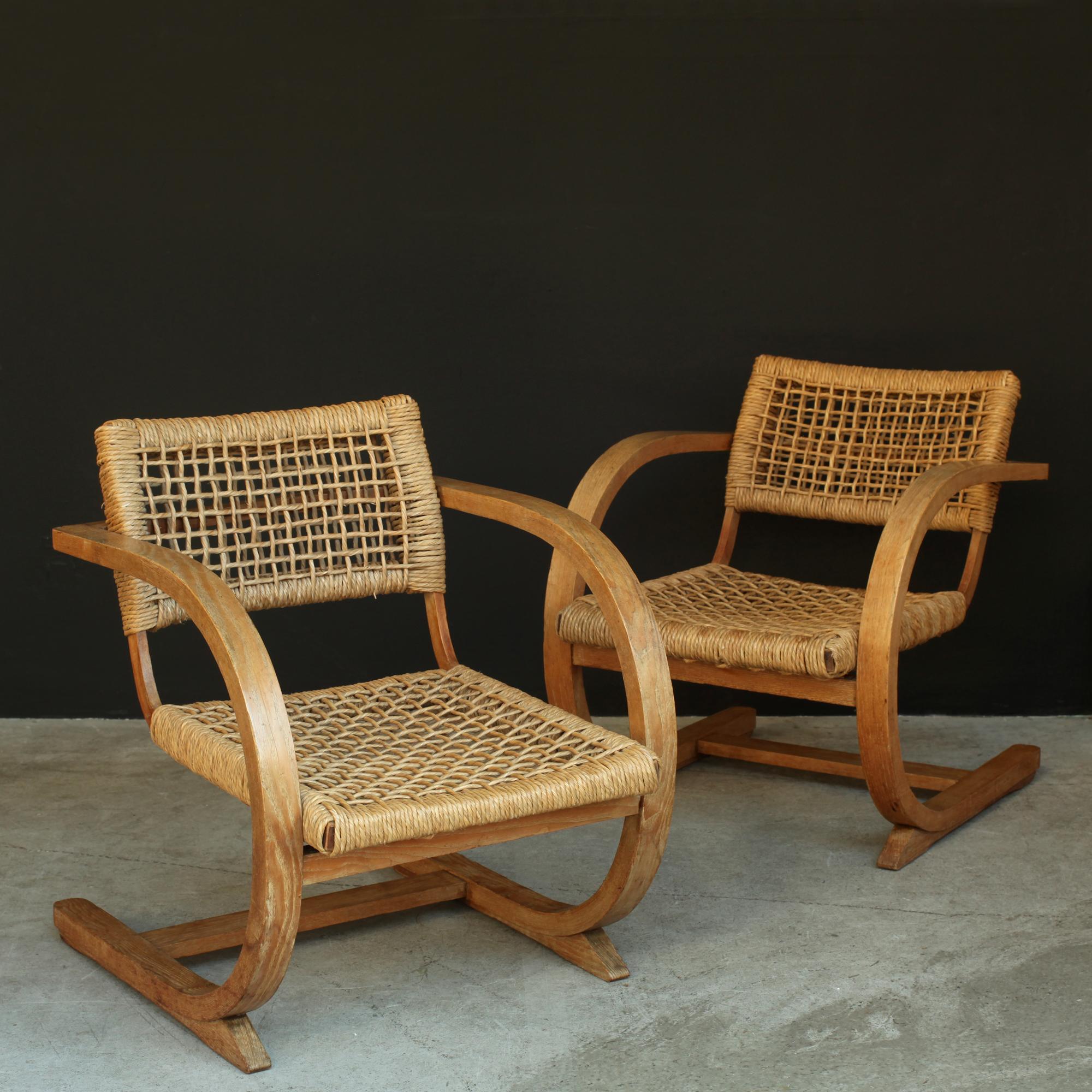 Mid-Century Modern Bas Van Pelt Pair of Woven Straw Rope and Bentwood Armchairs Netherlands 1930s