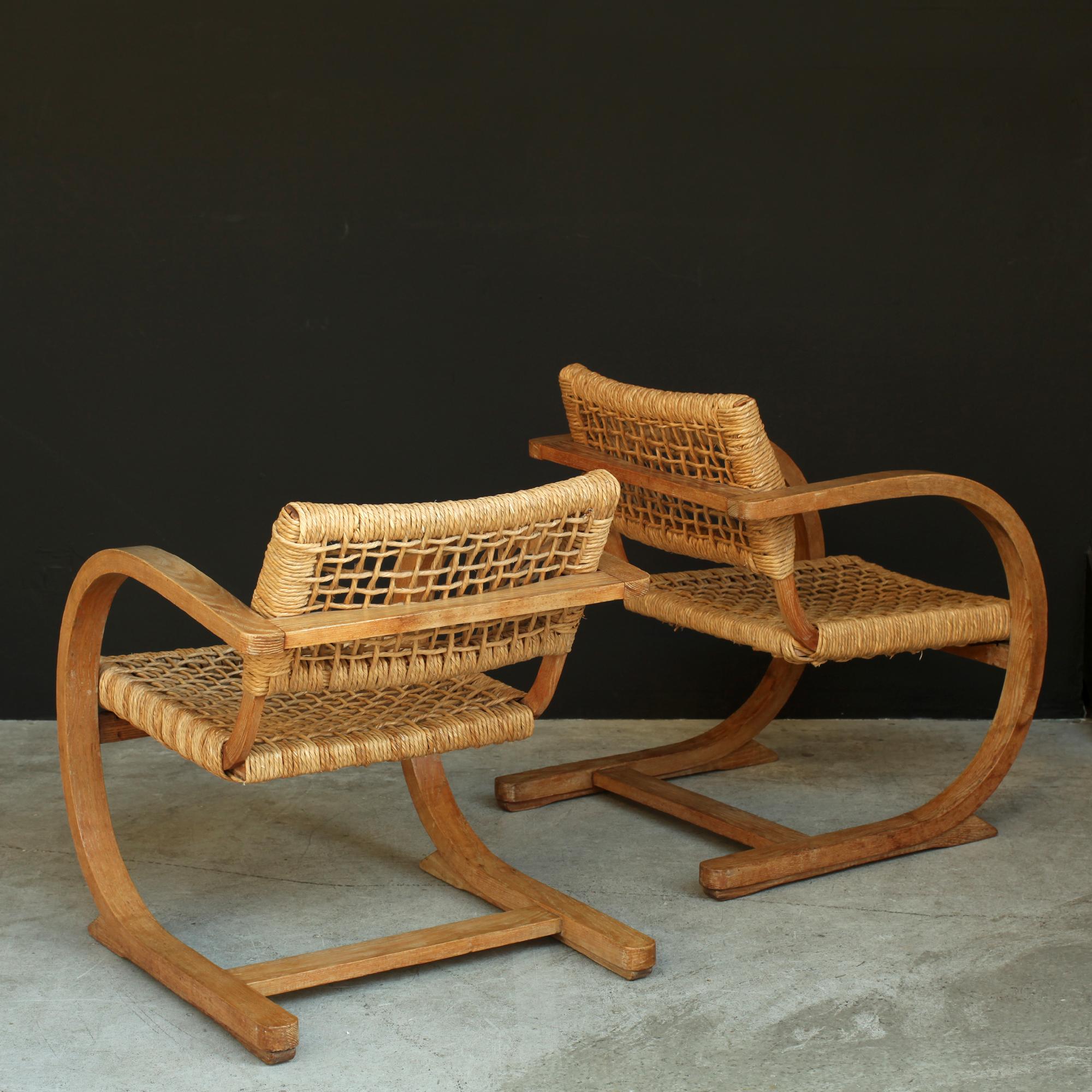 Dutch Bas Van Pelt Pair of Woven Straw Rope and Bentwood Armchairs Netherlands 1930s