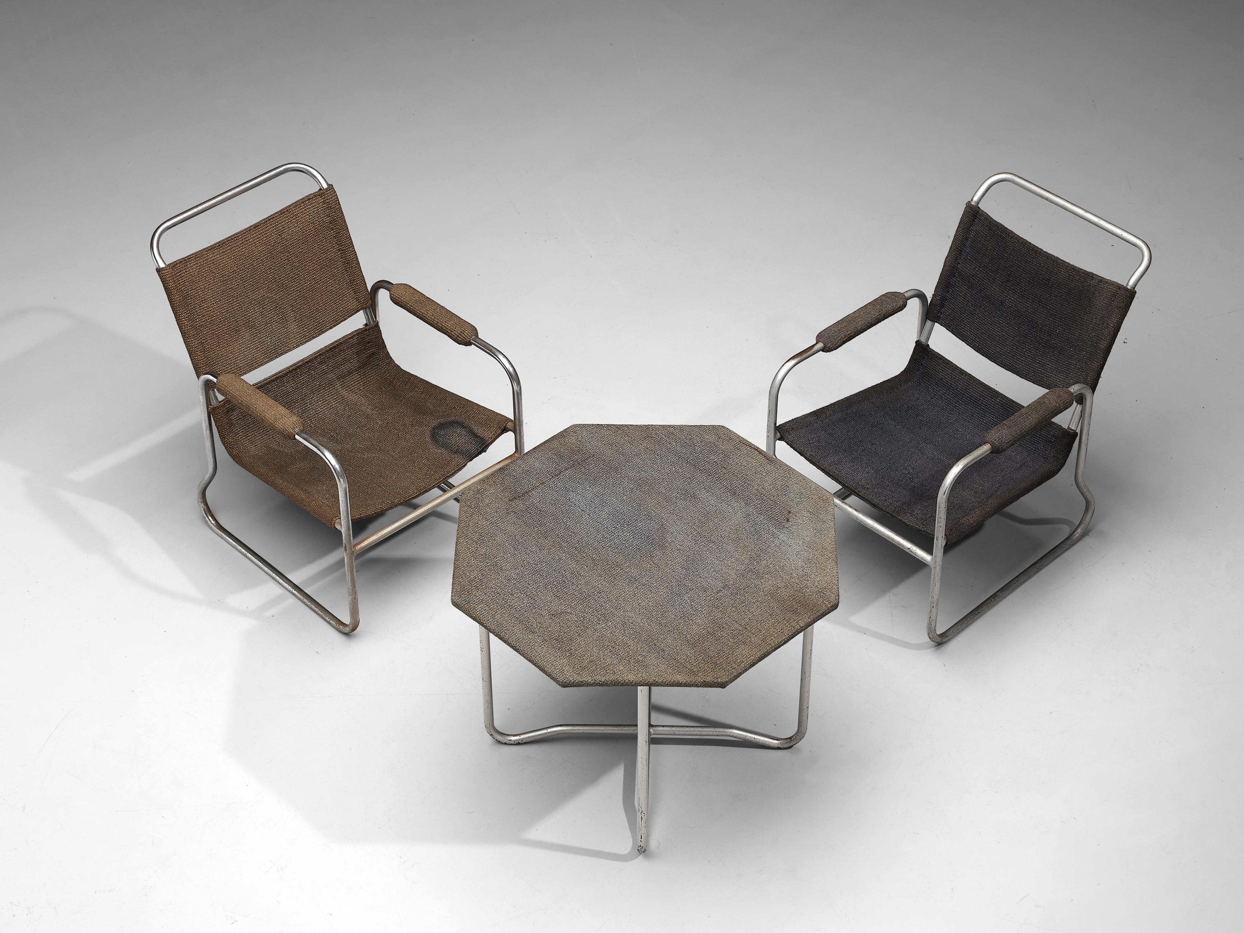 Bas van Pelt Patinated Armchair and Coffee Table in Metal and Original Sisal 2