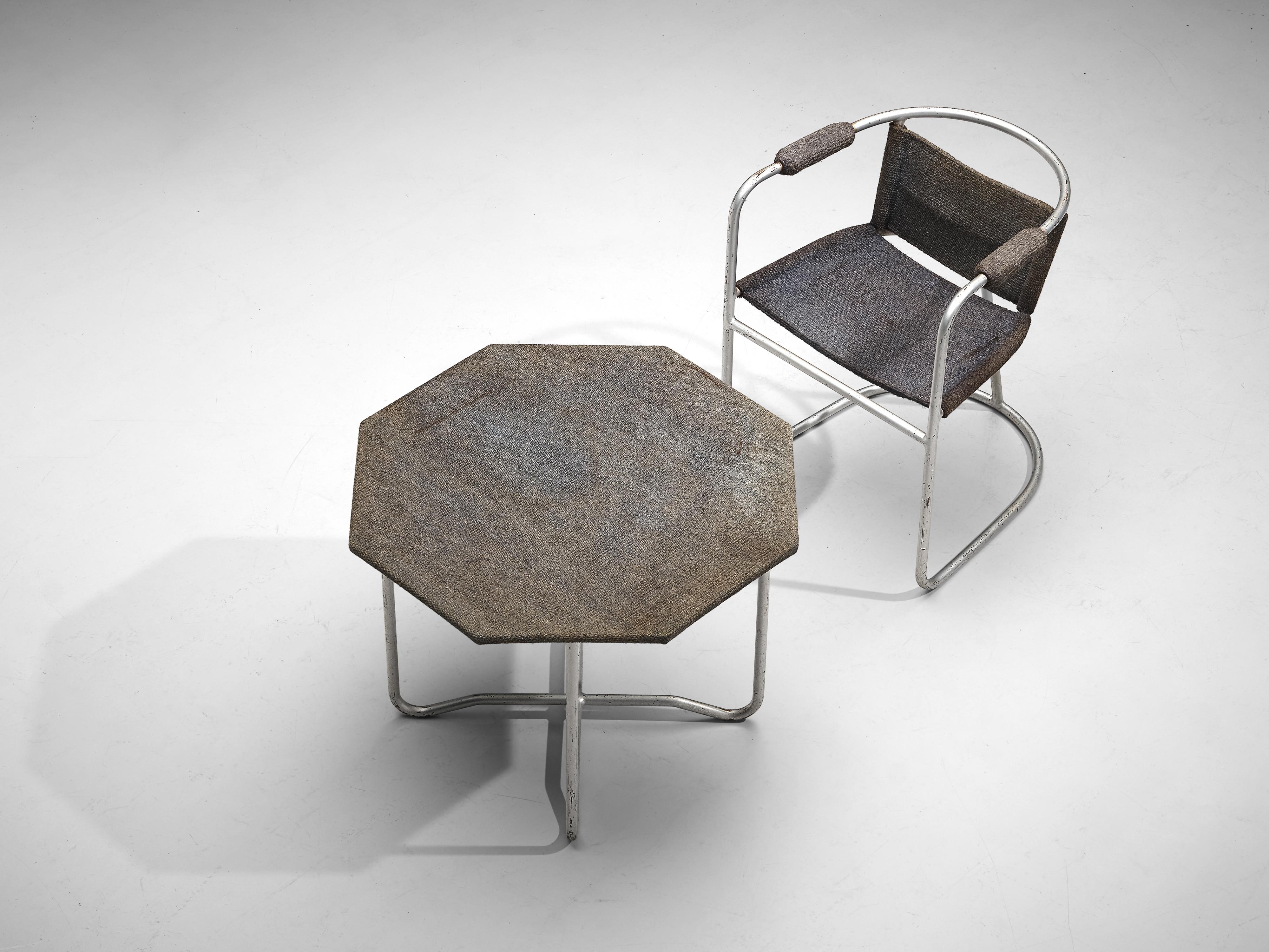 Bas van Pelt, coffee table and armchair, metal, sisal, the Netherlands, 1930s

Wonderful set of Bas van Pelt side table and armchair. Both items are made of tubular metal that has gained a striking patina over time. Same goes for the sisal