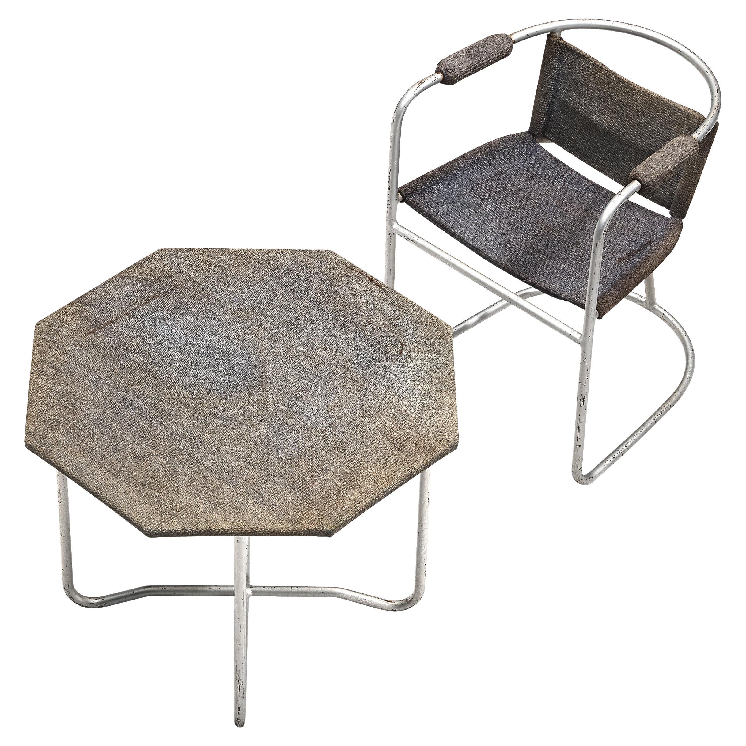 Bas van Pelt Patinated Armchair and Coffee Table in Metal and Original Sisal