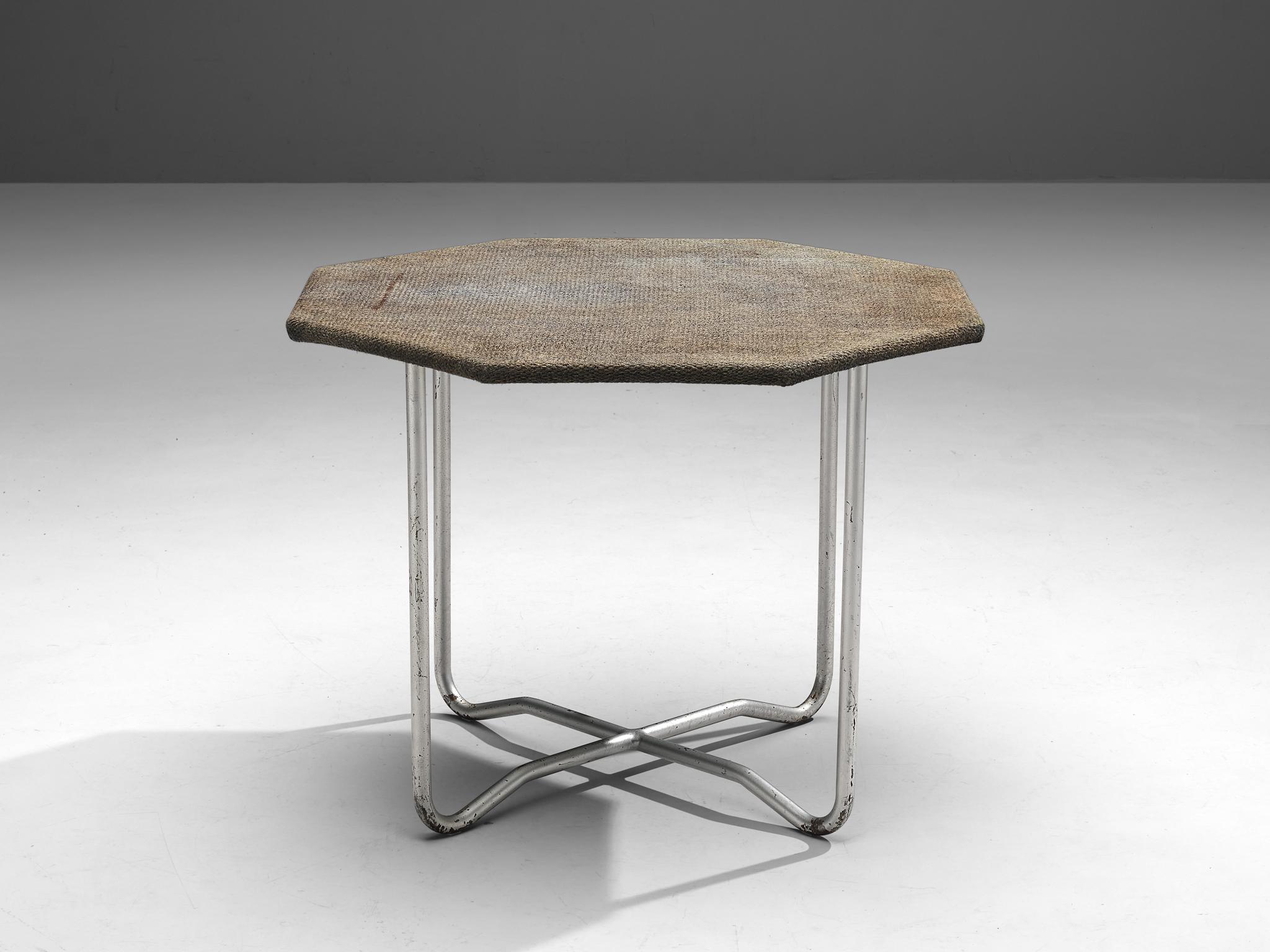 Bas van Pelt for E.M.S. Overschie, coffee table, metal, sisal, The Netherlands, 1930s.

This octagonal shaped coffee table is made by the Dutch interior and furniture designer Bas van Pelt (1900-1945), and is manufactured by E.M.S. Overschie. The