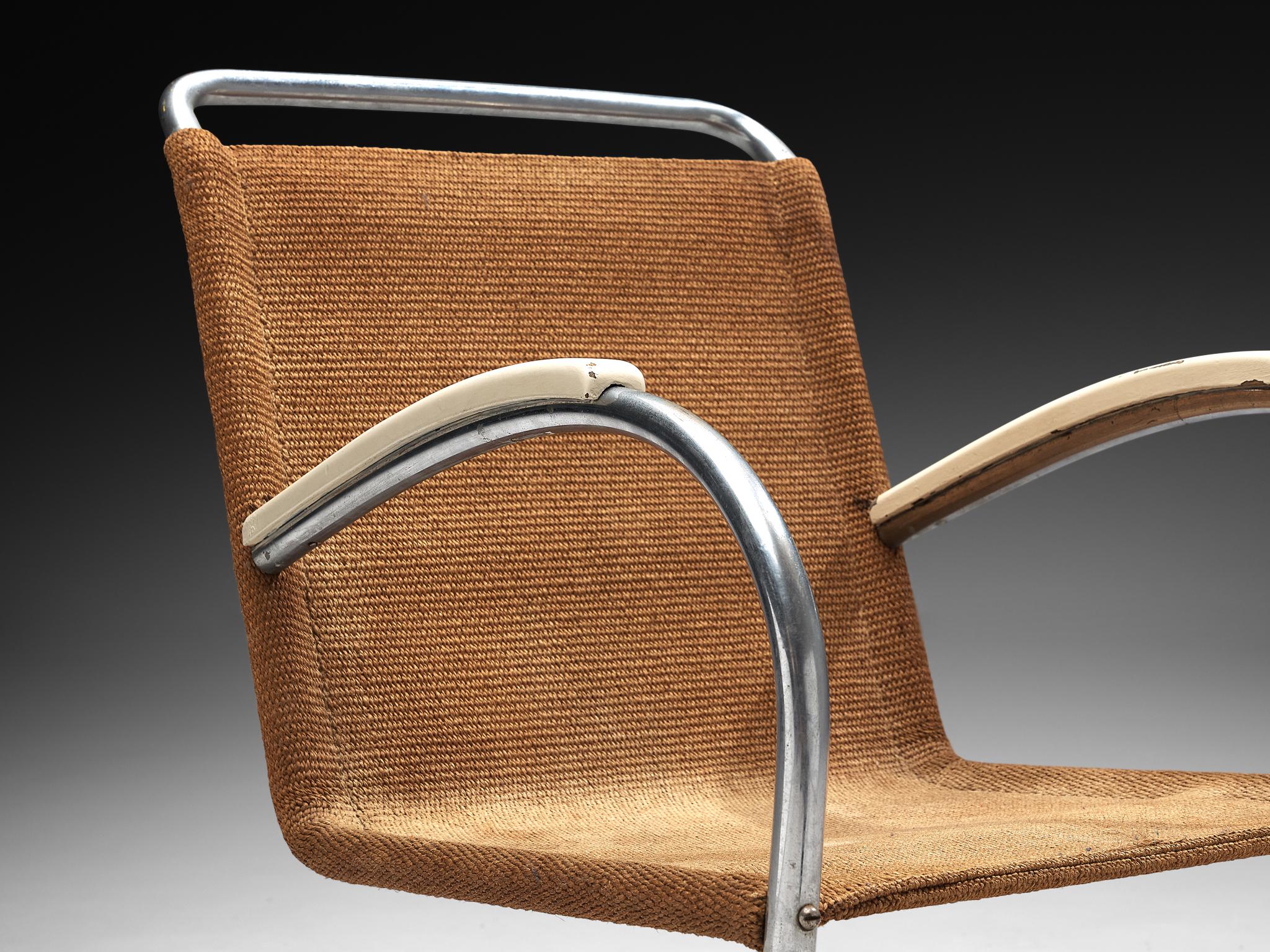 Bauhaus Bas van Pelt Patinated Tubular Armchair in Brown Sisal For Sale