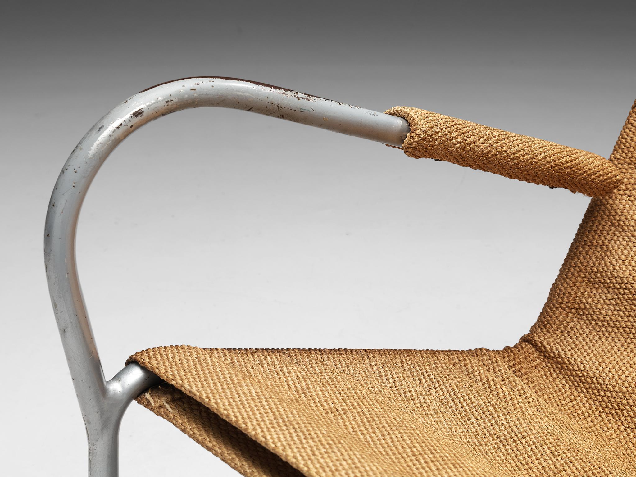 Mid-20th Century Bas Van Pelt Patinated Tubular Armchair in Metal and Sisal For Sale