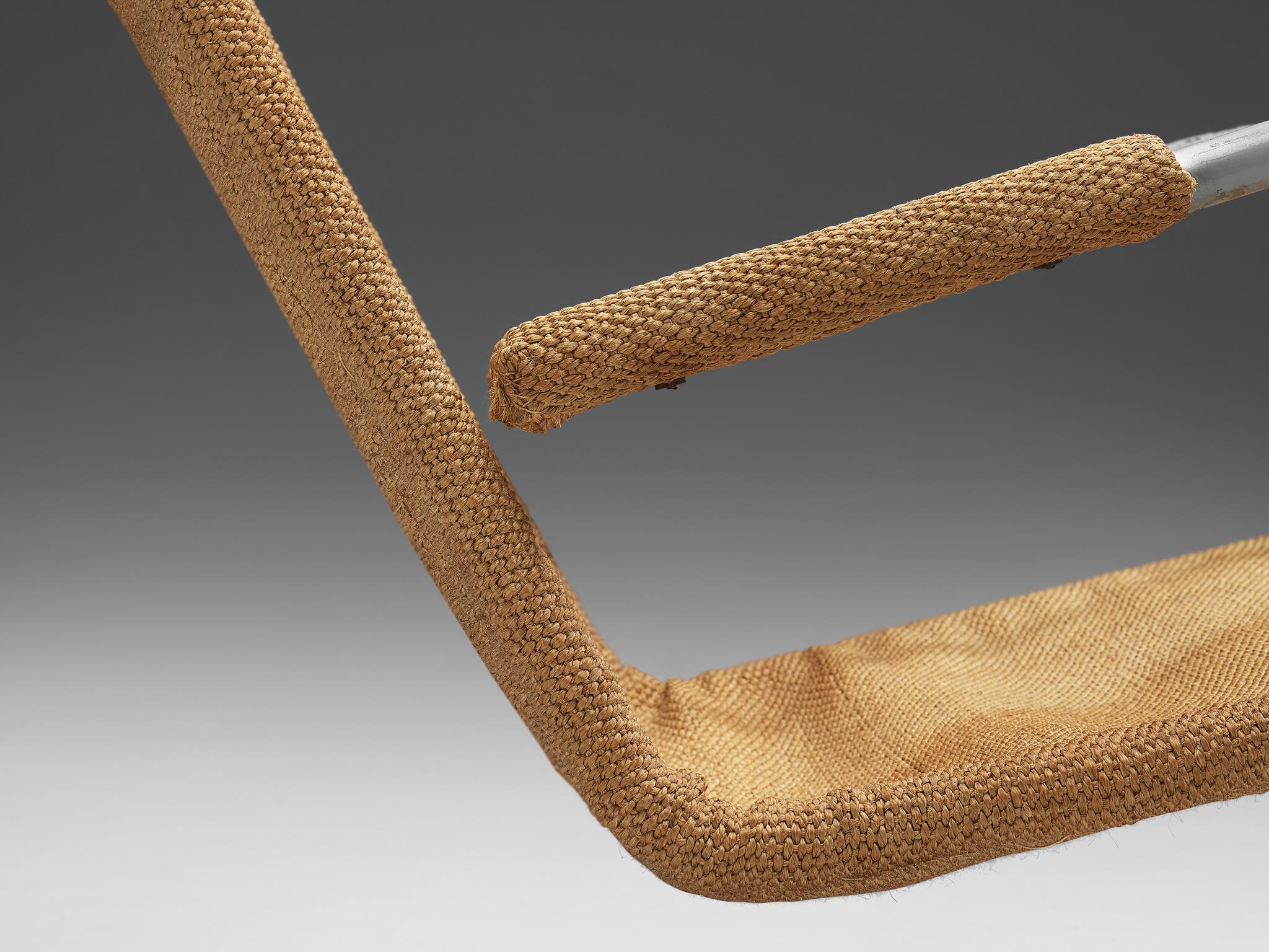 Mid-20th Century Bas Van Pelt Patinated Tubular Armchair in Metal and Sisal For Sale