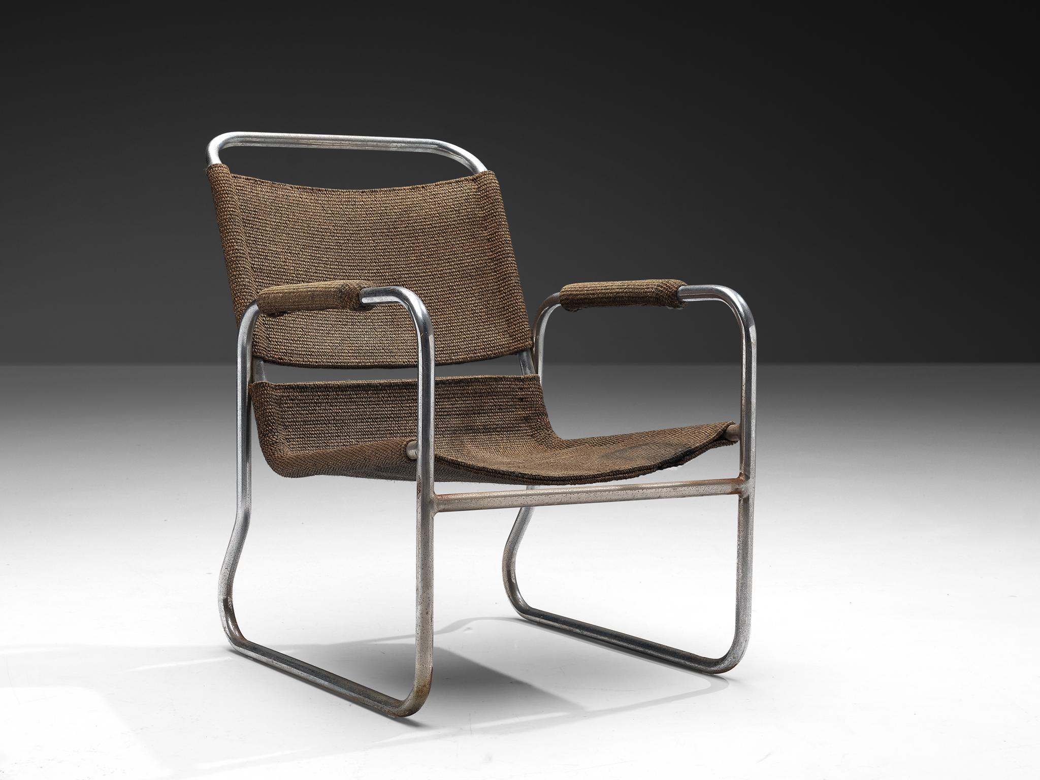 Bas Van Pelt for EMS, armchair, nickel-plated steel, sisal, armchair, the Netherlands, 1920s.

This original and comfortable chair, designed by Dutch interior and furniture designer Bas van Pelt (1900-1945), was manufactured by E.M.S. Overschie. The