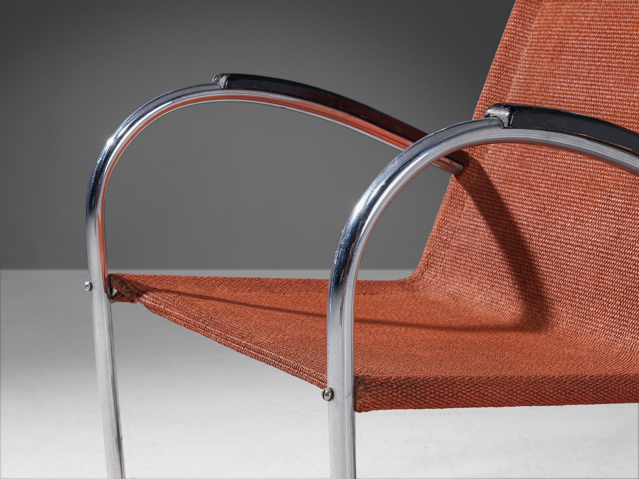Freitragender Bas Van Pelt-Loungesessel mit röhrenförmigem Rohr und rotem Sisal-Sitzmöbel  (Metall) im Angebot