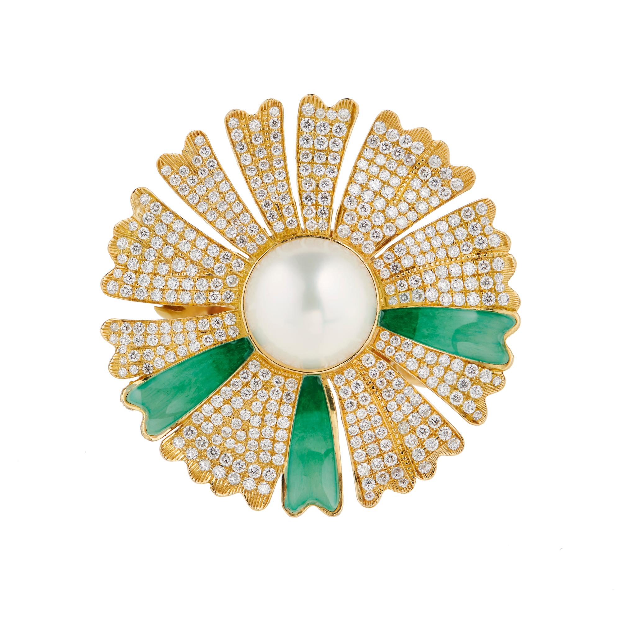 For Sale:  Basak Baykal Daisy 18ct Gold Diamond & Pearl Cocktail Ring 2