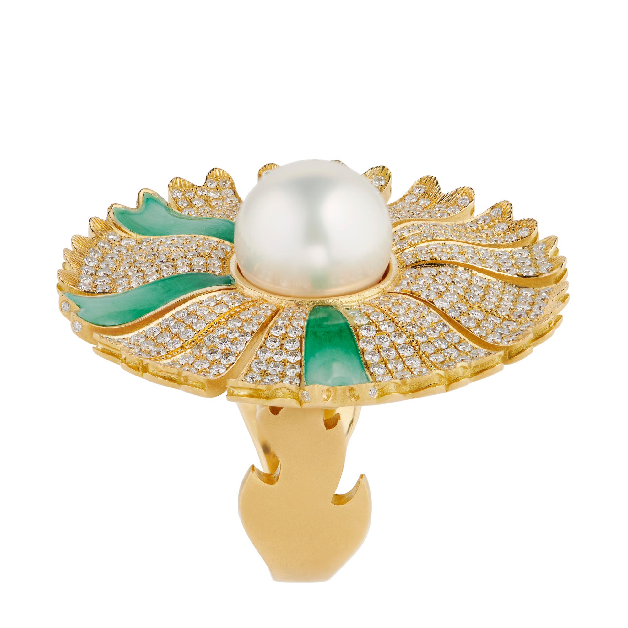 For Sale:  Basak Baykal Daisy 18ct Gold Diamond & Pearl Cocktail Ring 3