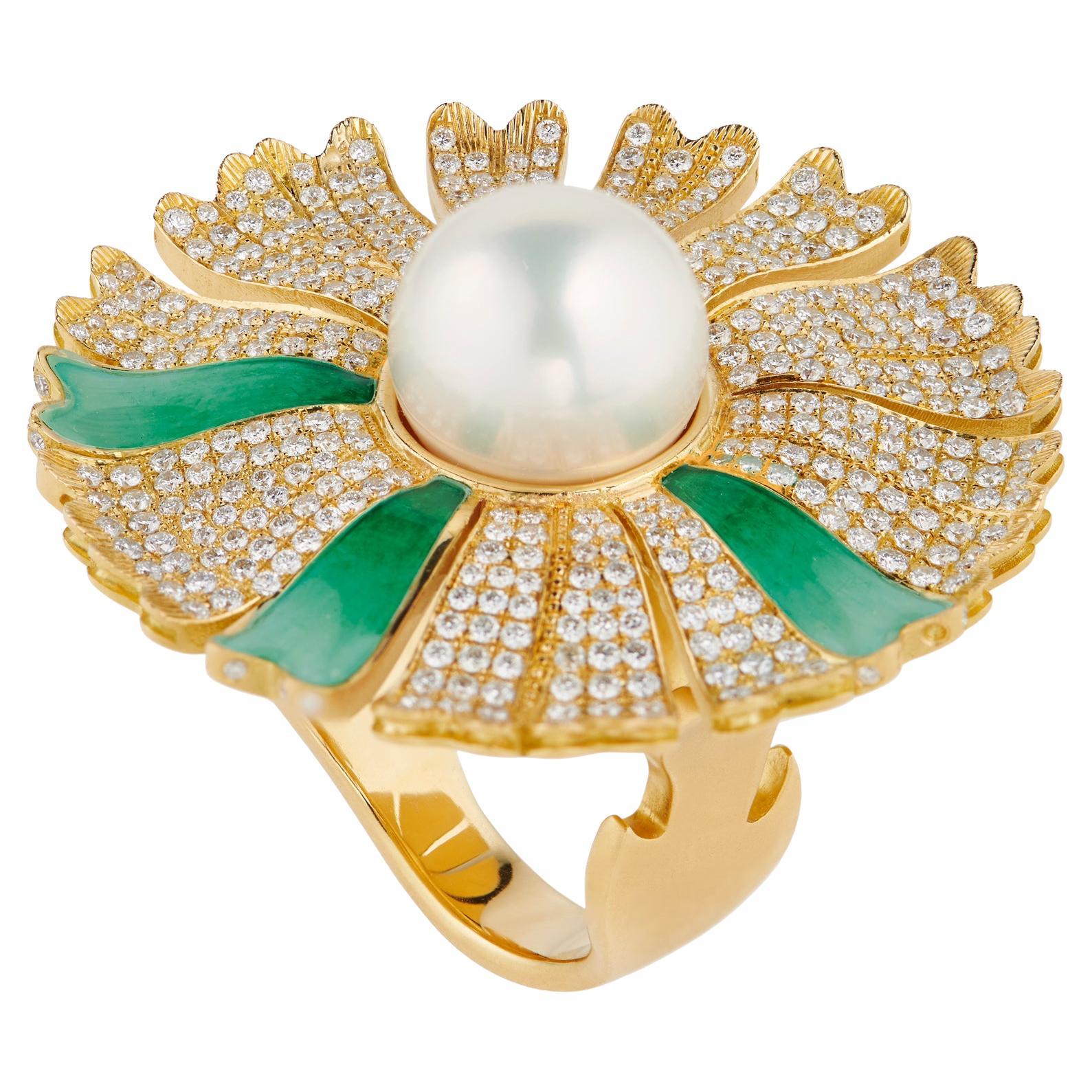 For Sale:  Basak Baykal Daisy 18ct Gold Diamond 
Pearl Cocktail Ring