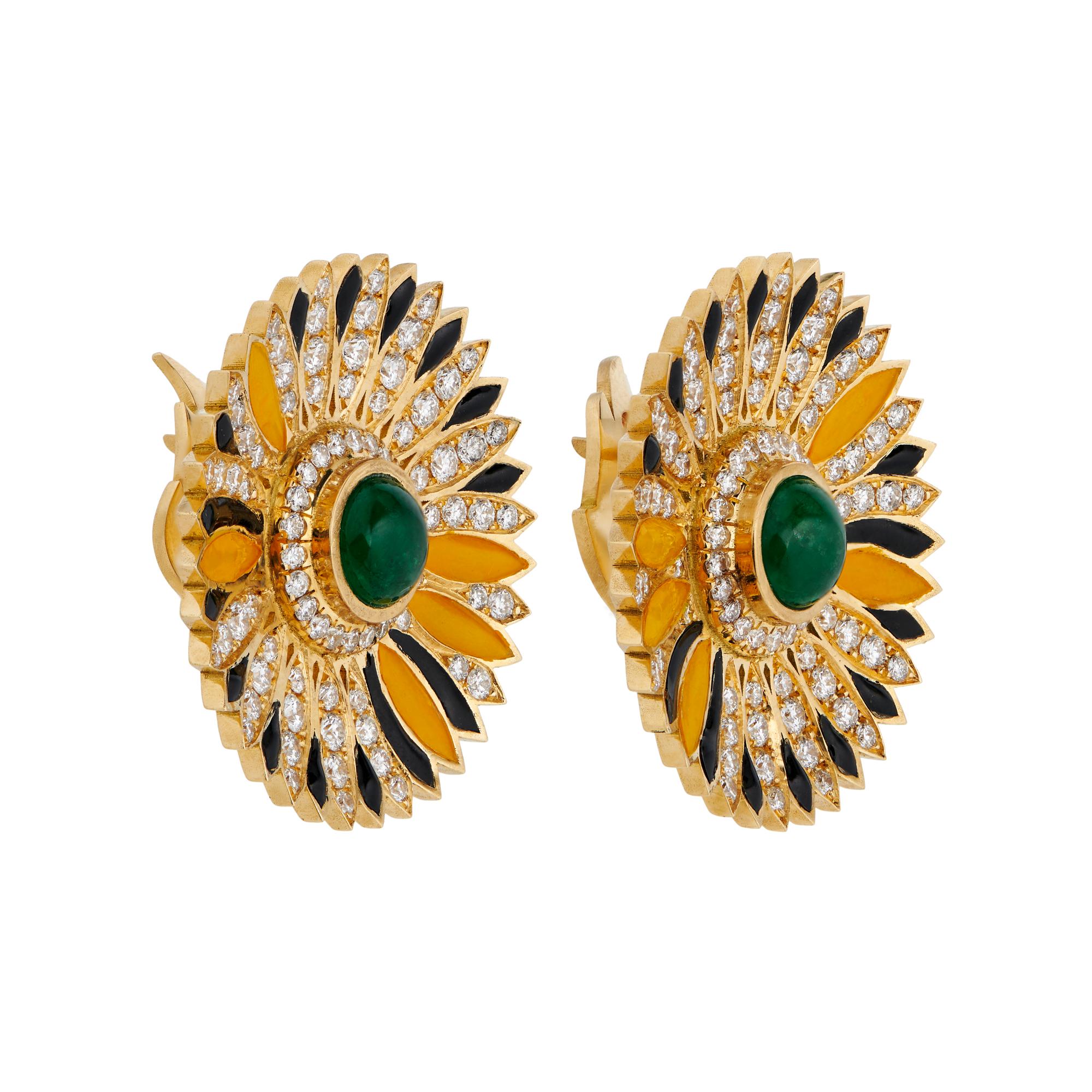 These earrings are hand made with 18ct gold, with total of 3,15ct diamonds and 2,62ct cabochon cut emeralds in the center.
enamel details are pre-painted by young miniature artist for better color experience. 
Black details add an contemporary edge