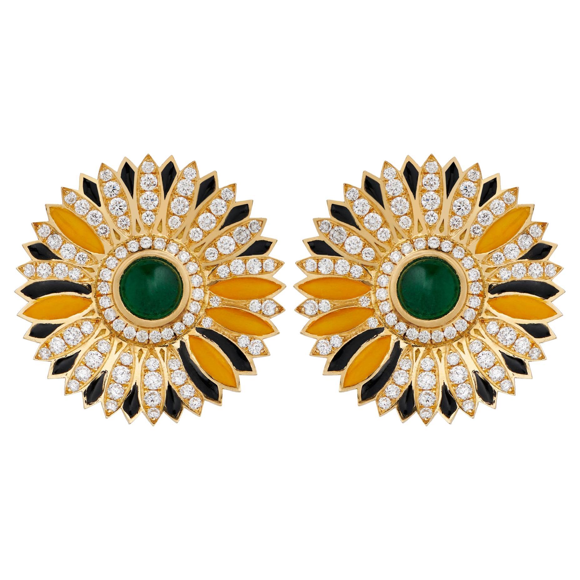 Basak Baykal Daisy Diamond 
Emerald Earrings For Sale