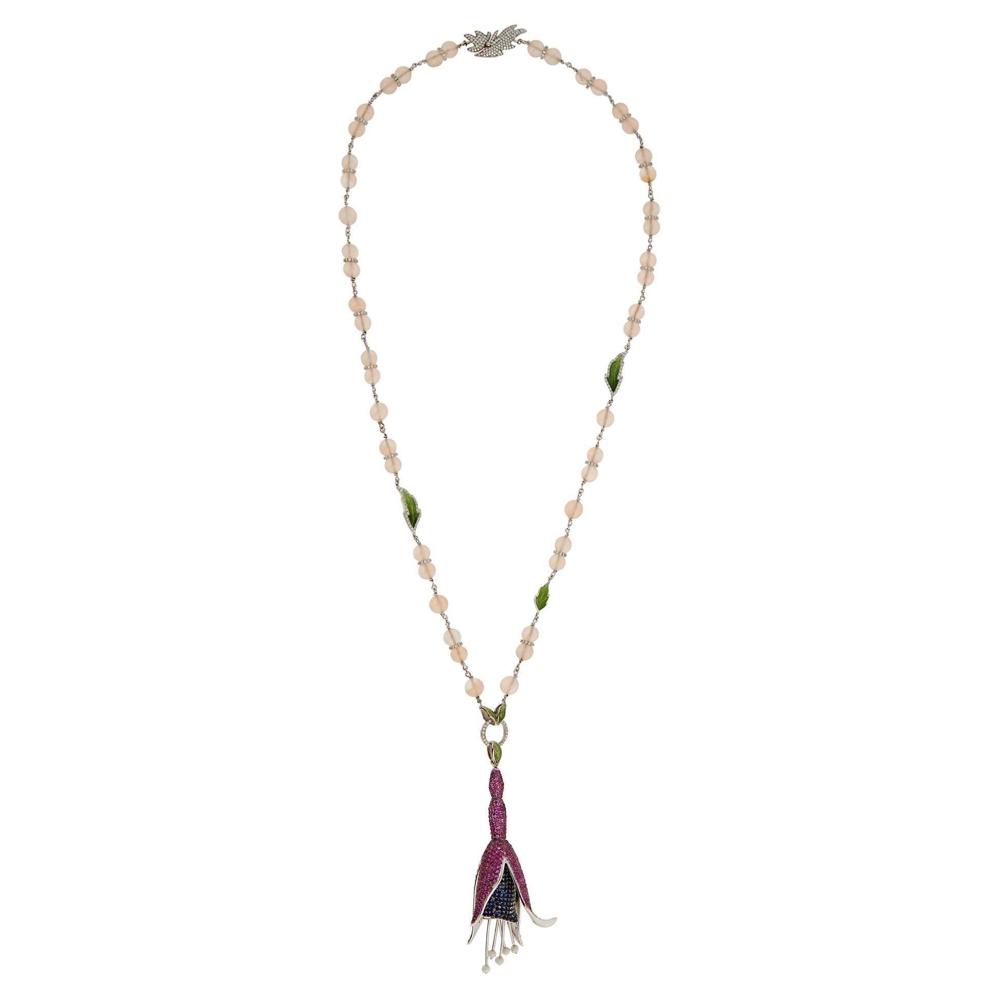 Basak Baykal Fuchsia Diamond and Sapphires Long Necklace For Sale
