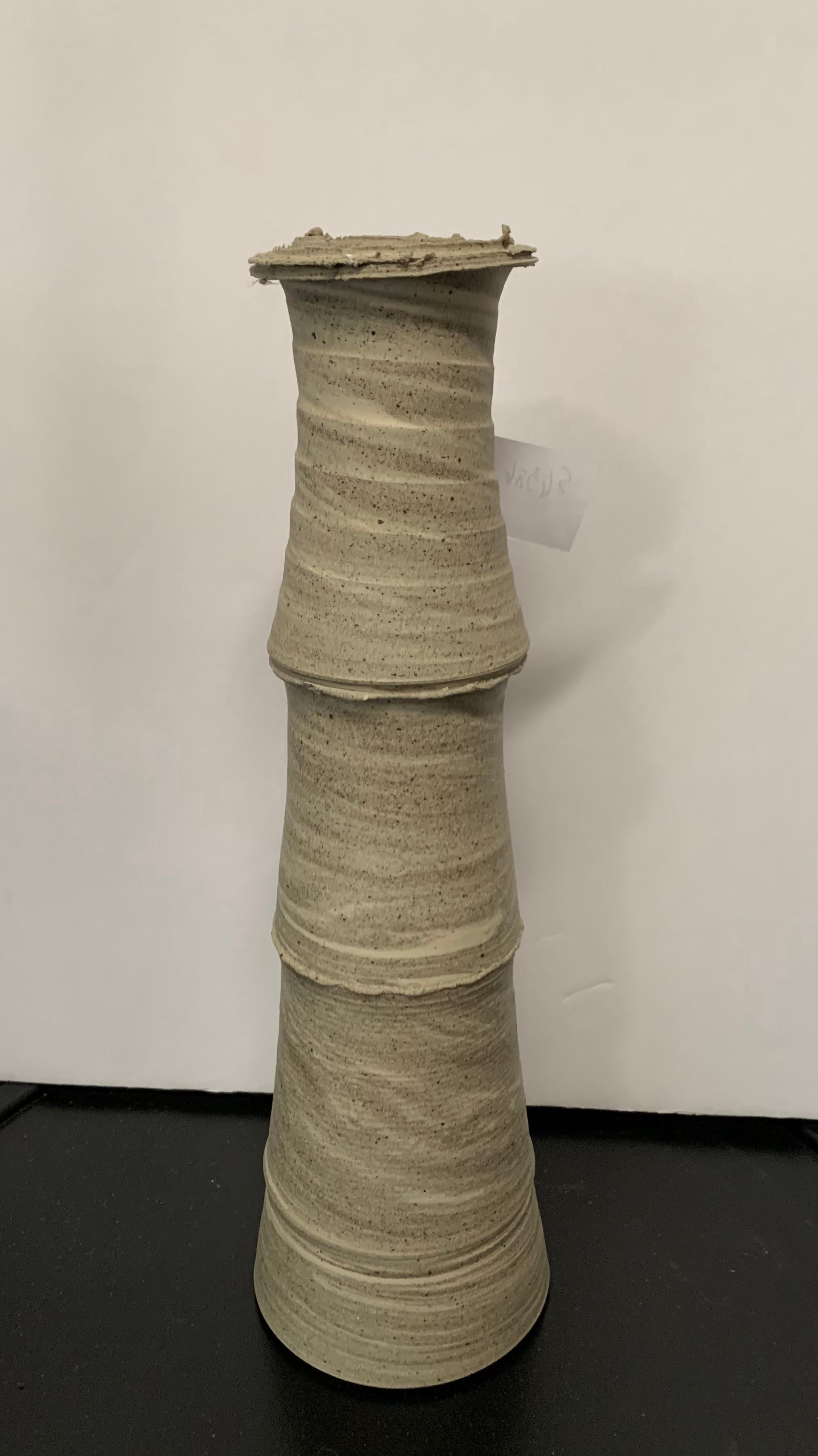 Contemporary German handmade stoneware vase.
Vertebrae design.
Sand color and basalt stoneware.
Small lip opening.
Part of a large collection of handmade vases of different sizes, shapes and textures.