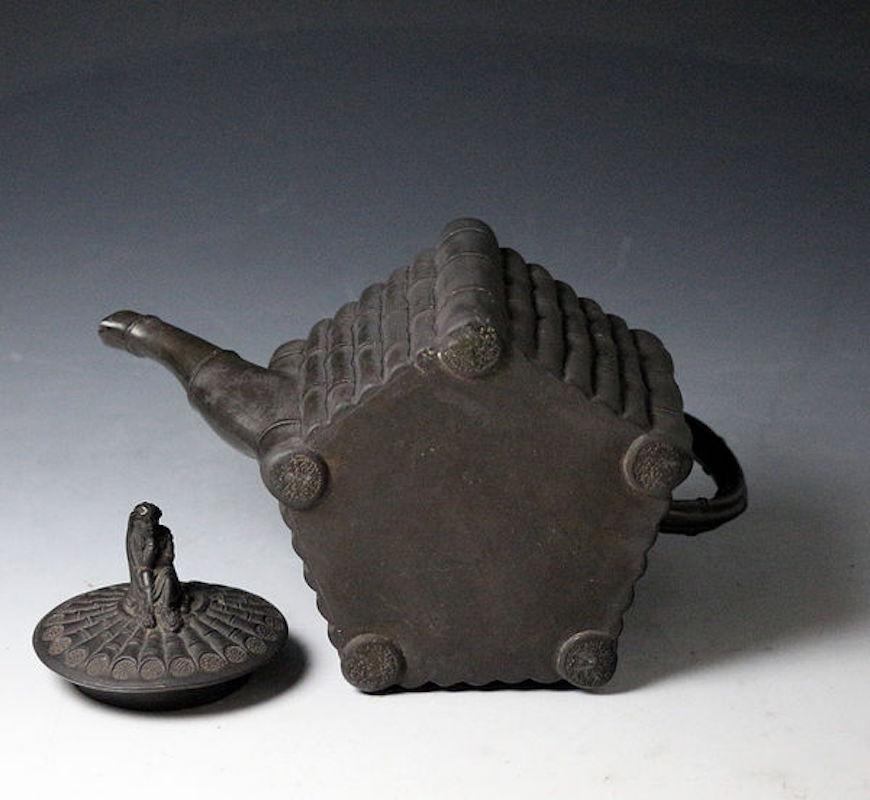 English Basalt Teapot with Faux Bamboo Decoration the Cover with a Finial of Sibil