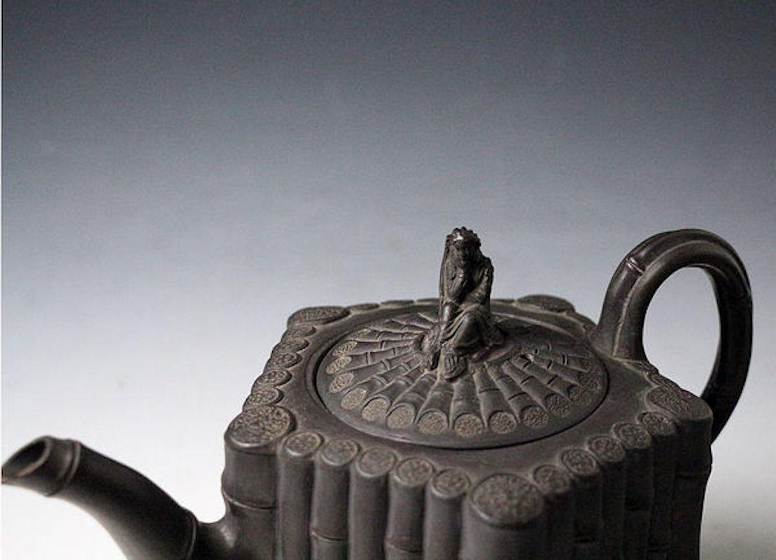 Basalt Teapot with Faux Bamboo Decoration the Cover with a Finial of Sibil In Good Condition In Woodstock, OXFORDSHIRE