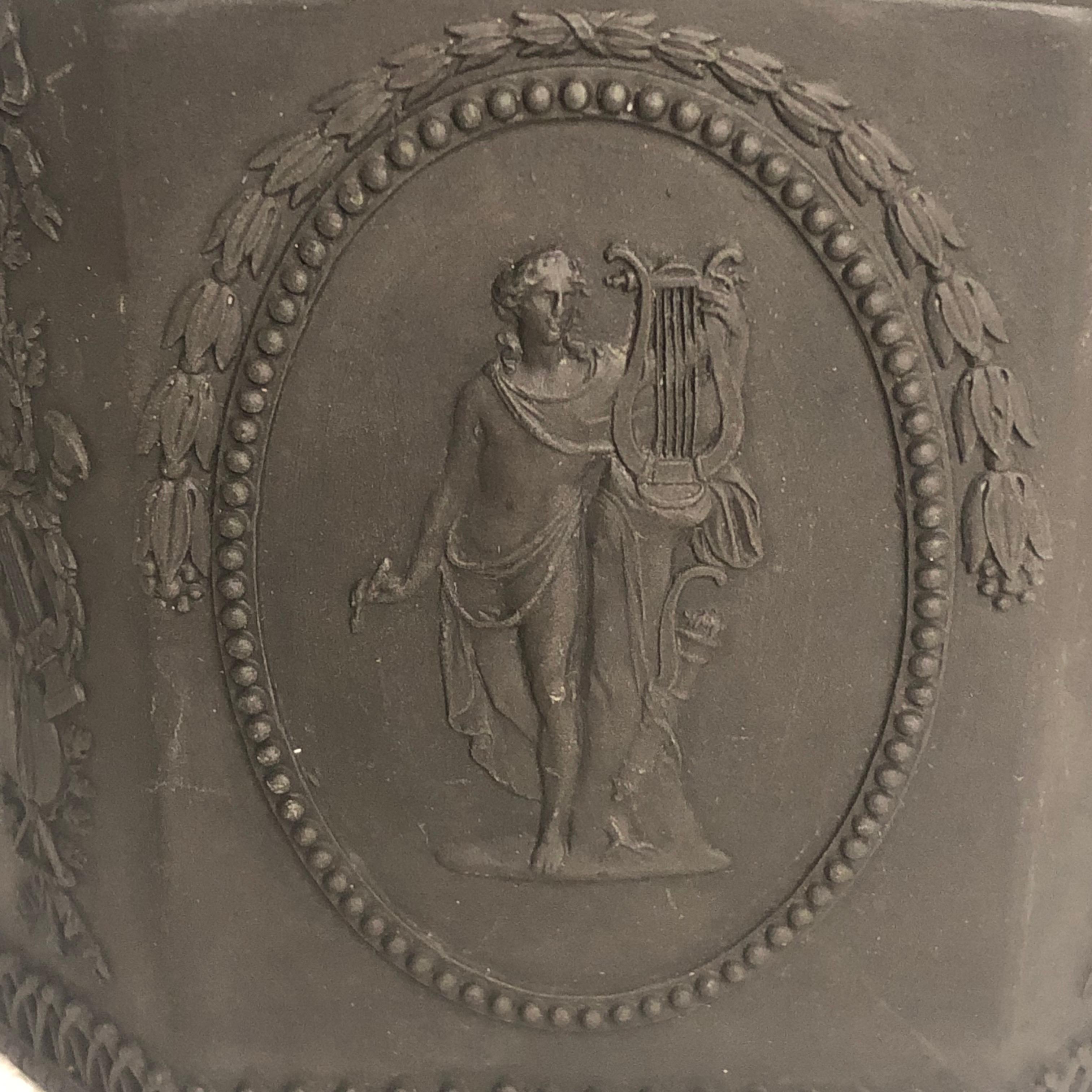 Neoclassical Basalt Wedgwood Teapot with Medallions of Man with Lyre and Lady on Pedestal For Sale