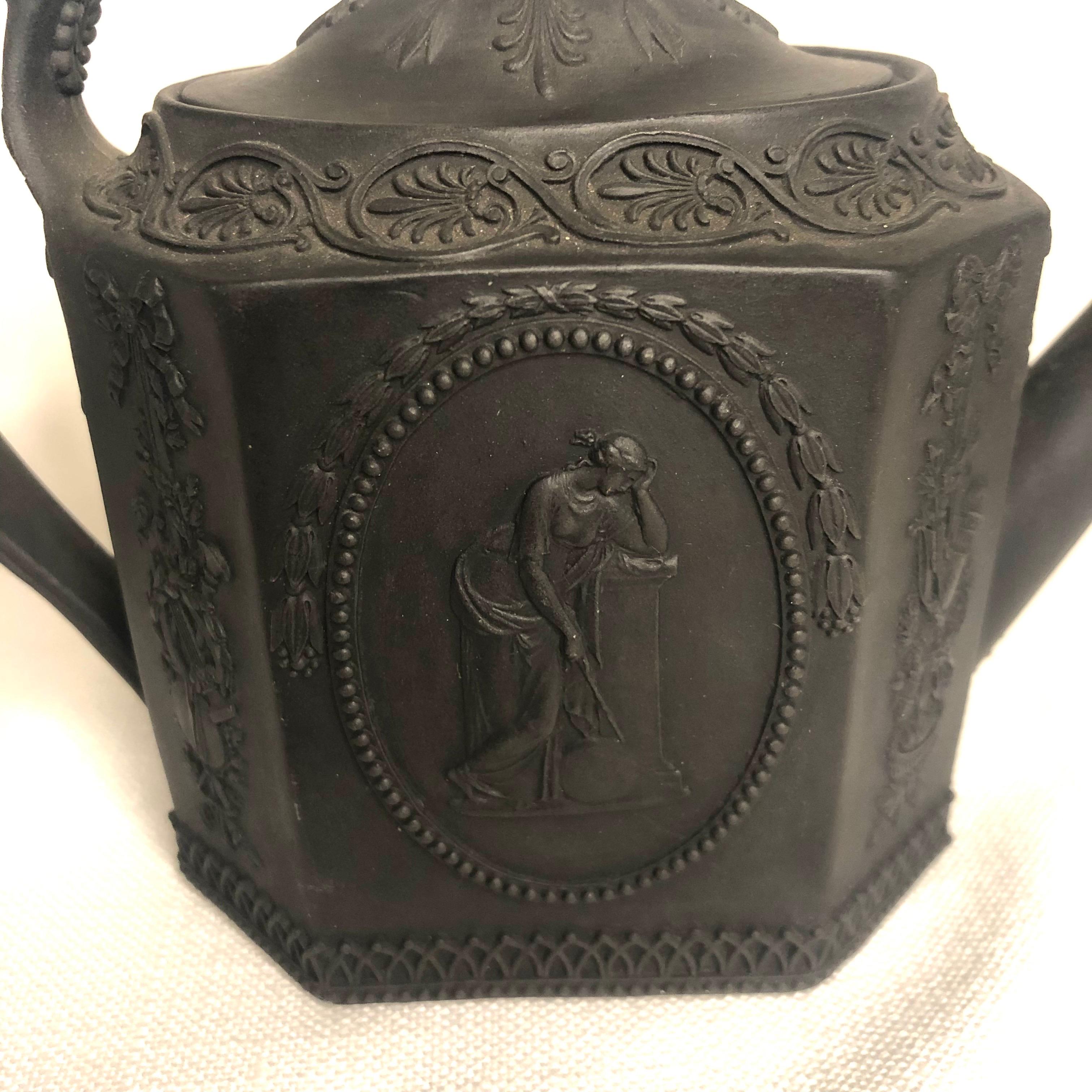 English Basalt Wedgwood Teapot with Medallions of Man with Lyre and Lady on Pedestal For Sale
