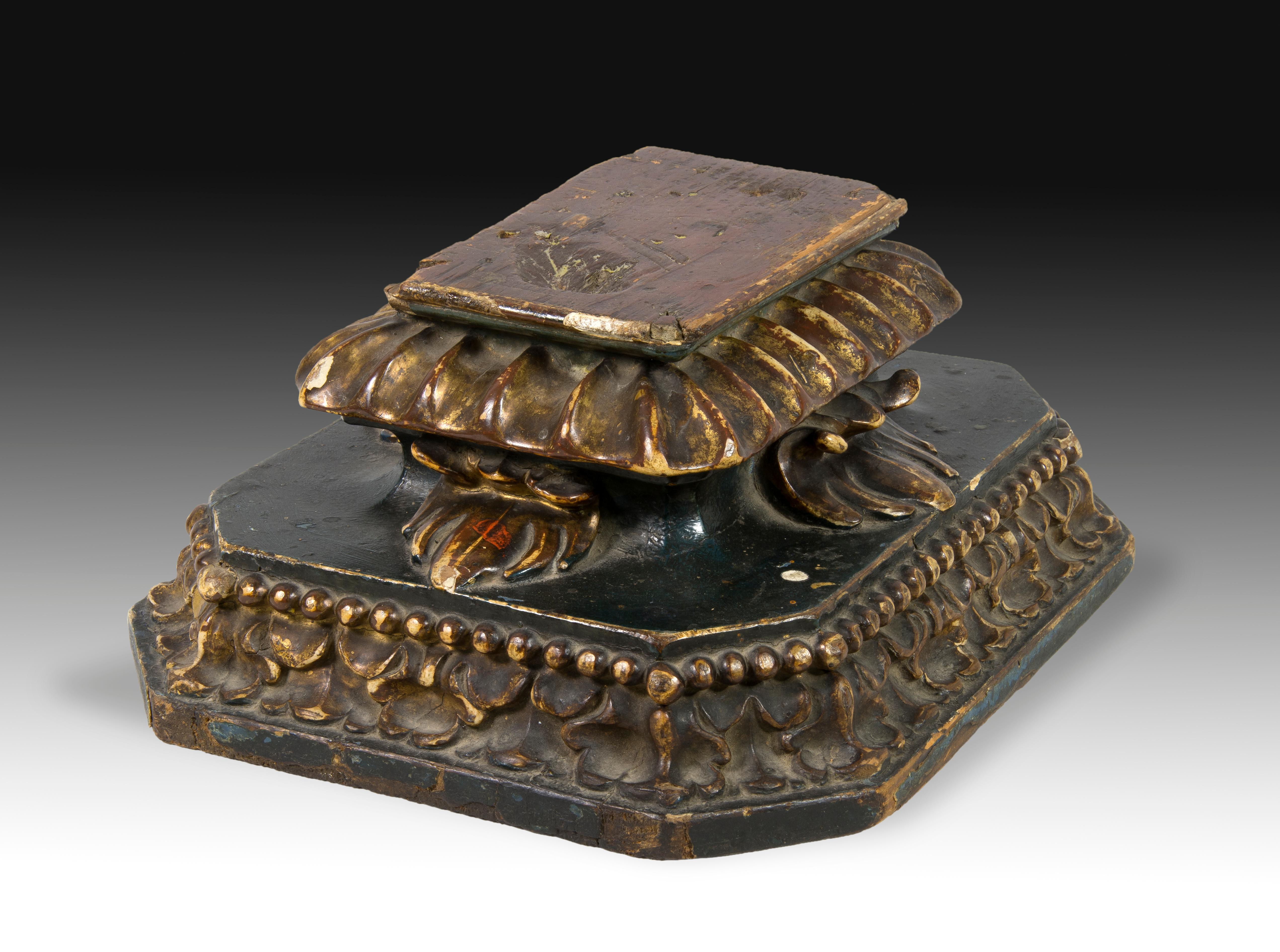 Baroque Base, Carved, Polychrome and Gilded Wood, 17th Century