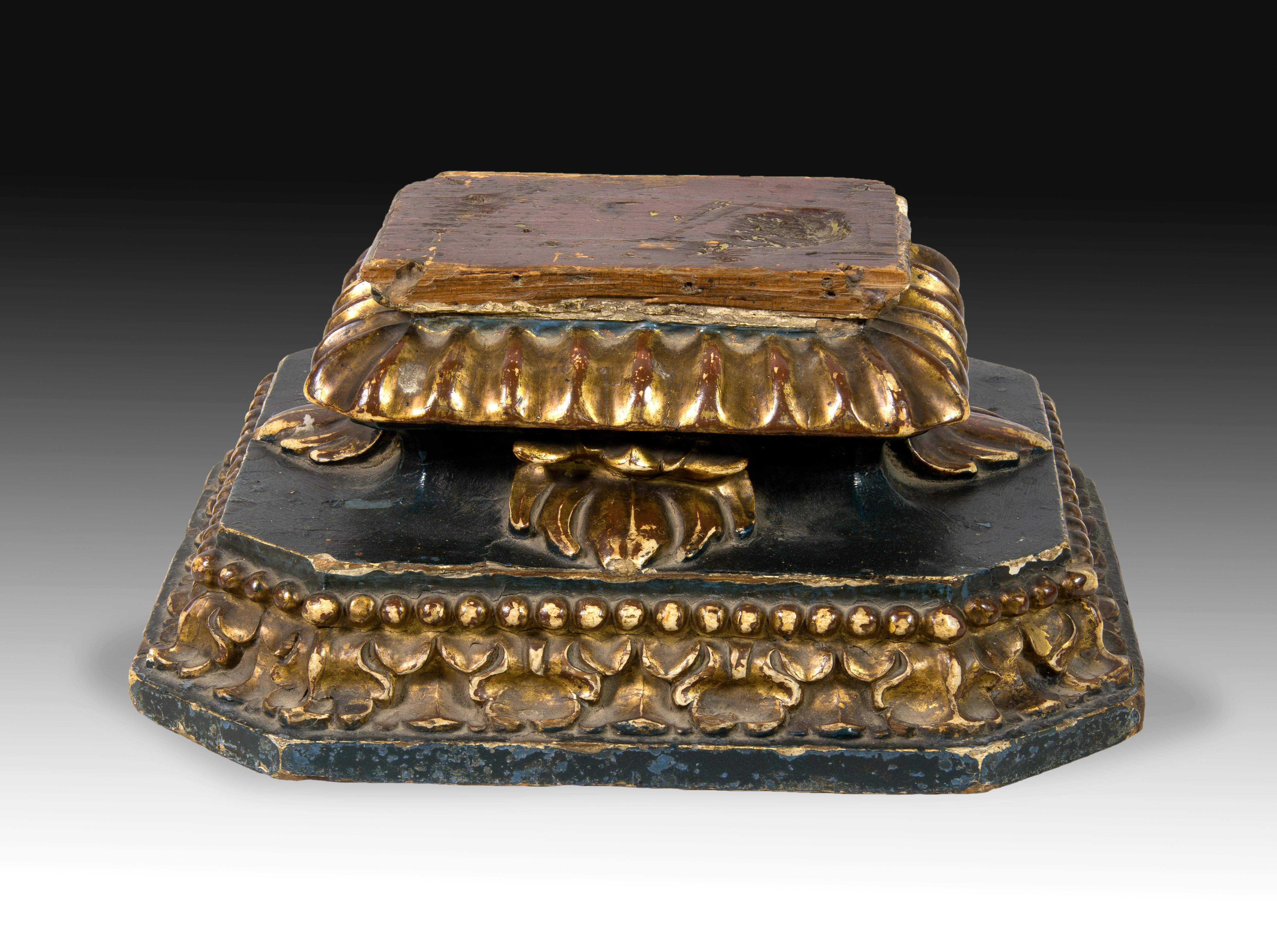 Spanish Base, Carved, Polychrome and Gilded Wood, 17th Century