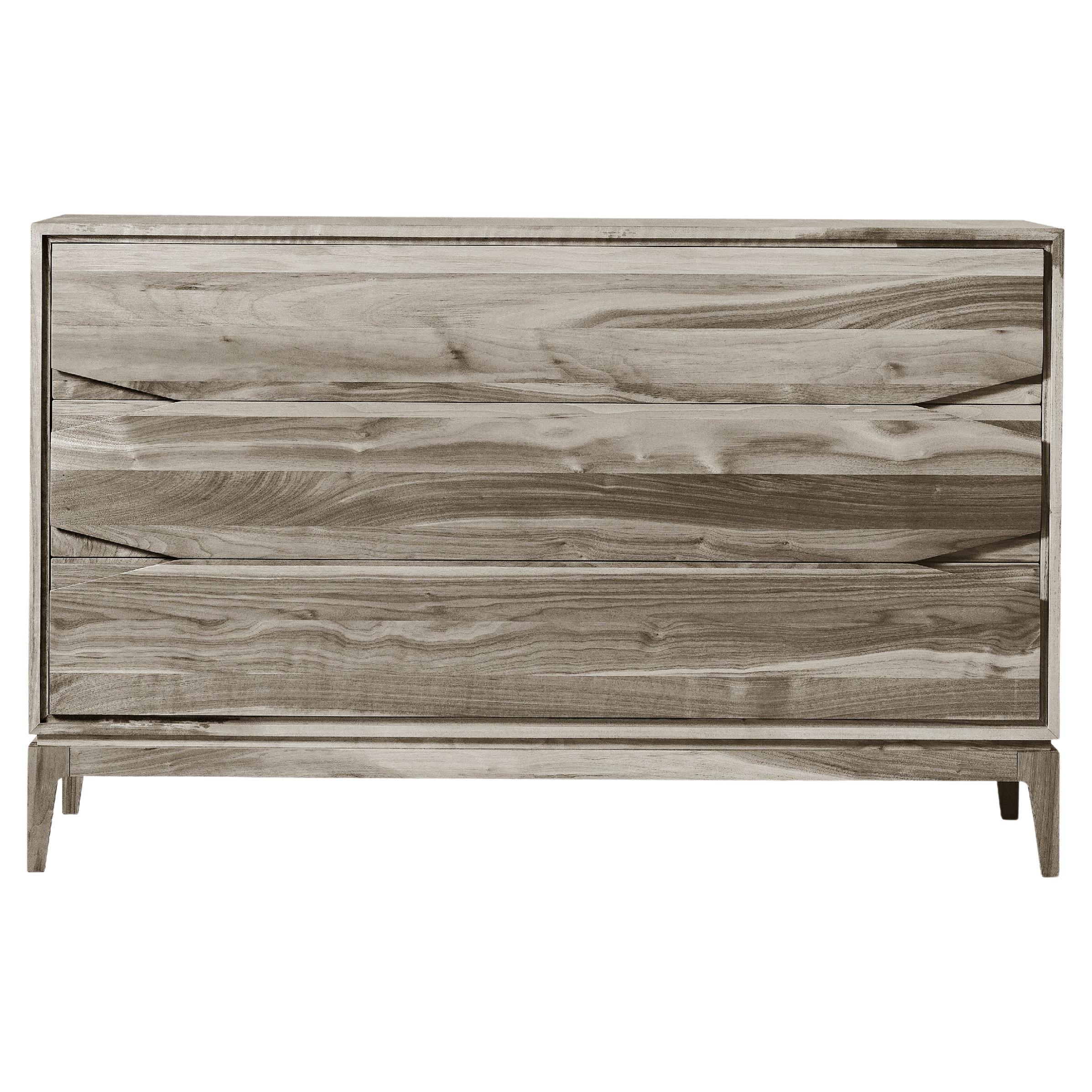 Base Solid Wood Dresser, Walnut in Hand-Made Natural Grey Finish, Contemporary