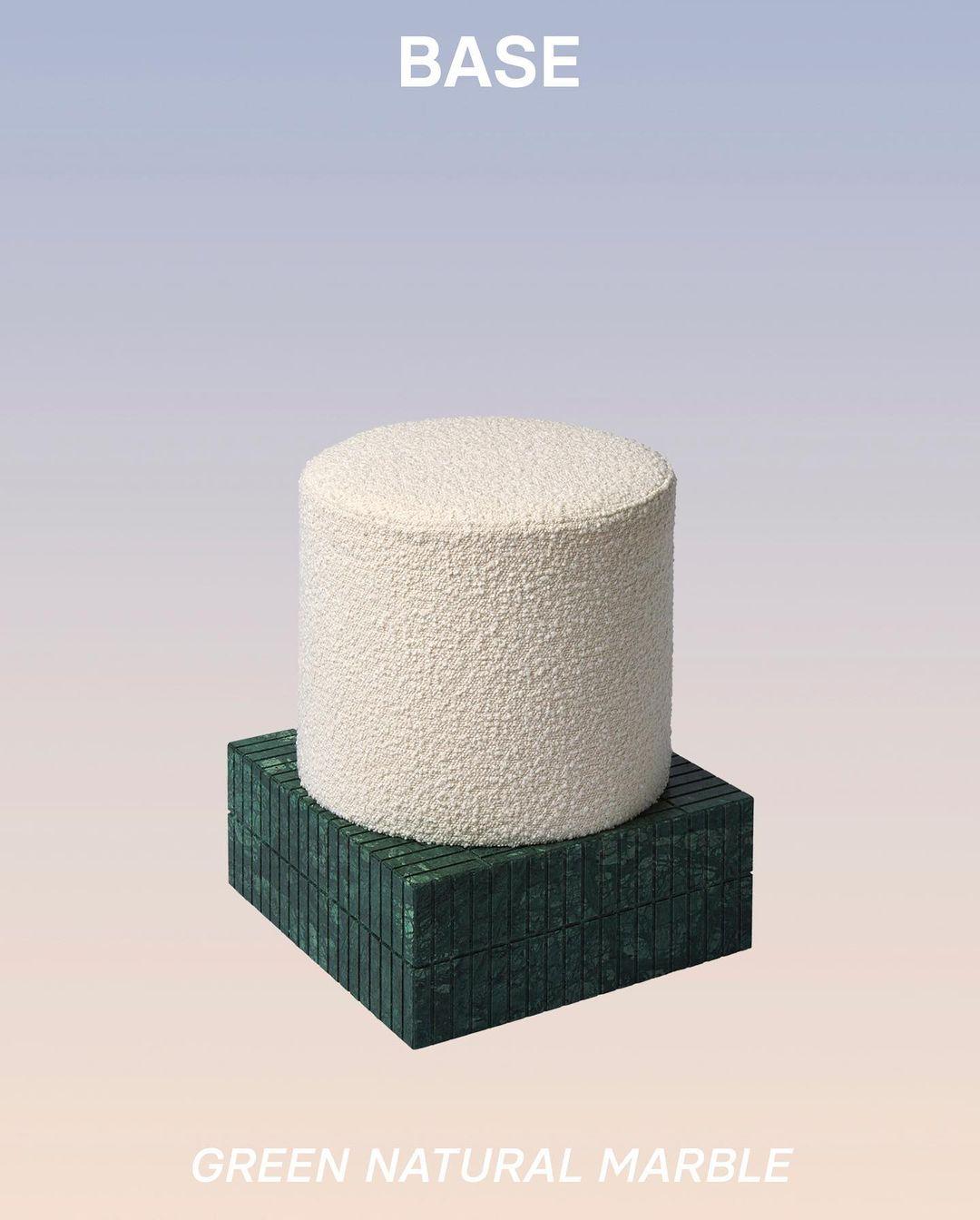 Base Green Pouf by Houtique
Materials: Upholstery, Marble
Dimensions: D37 x W37 x H45 cm

Designed by Houtique.
Made in Spain.
Marble base available in
two different textures: Smooth and grooved.
Option in four natural stones:
Triana Yellow