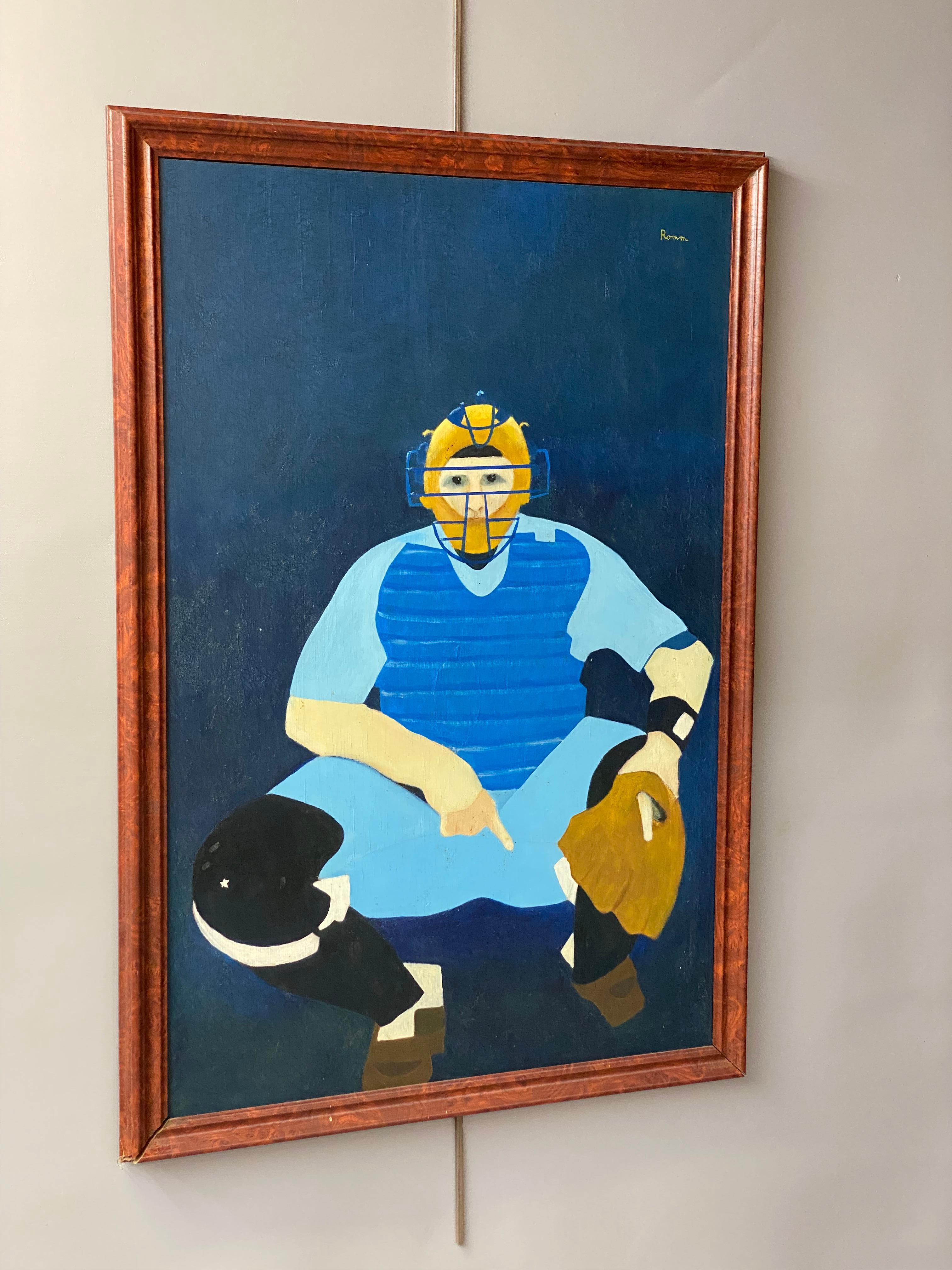Crouching baseball catcher painting by New York artist Floss Romm Dworkin (died 2007). Signed upper right, Romm. Romm was her maiden name and used it on most of the pieces that she signed. Floss had a passion for baseball and horse racing. She even