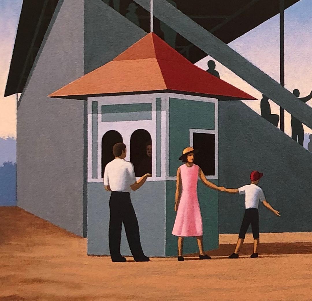 Baseball in amerikanischen Kleinstädten - 1930er Jahre. Original, Gemälde von Lynn Curlee
Acryl auf gestreckter Leinwand. Galerie eingewickelt mit bemalten Kanten.
Dieses Gemälde wurde als Illustration verwendet in
Ballpark - Die Geschichte von