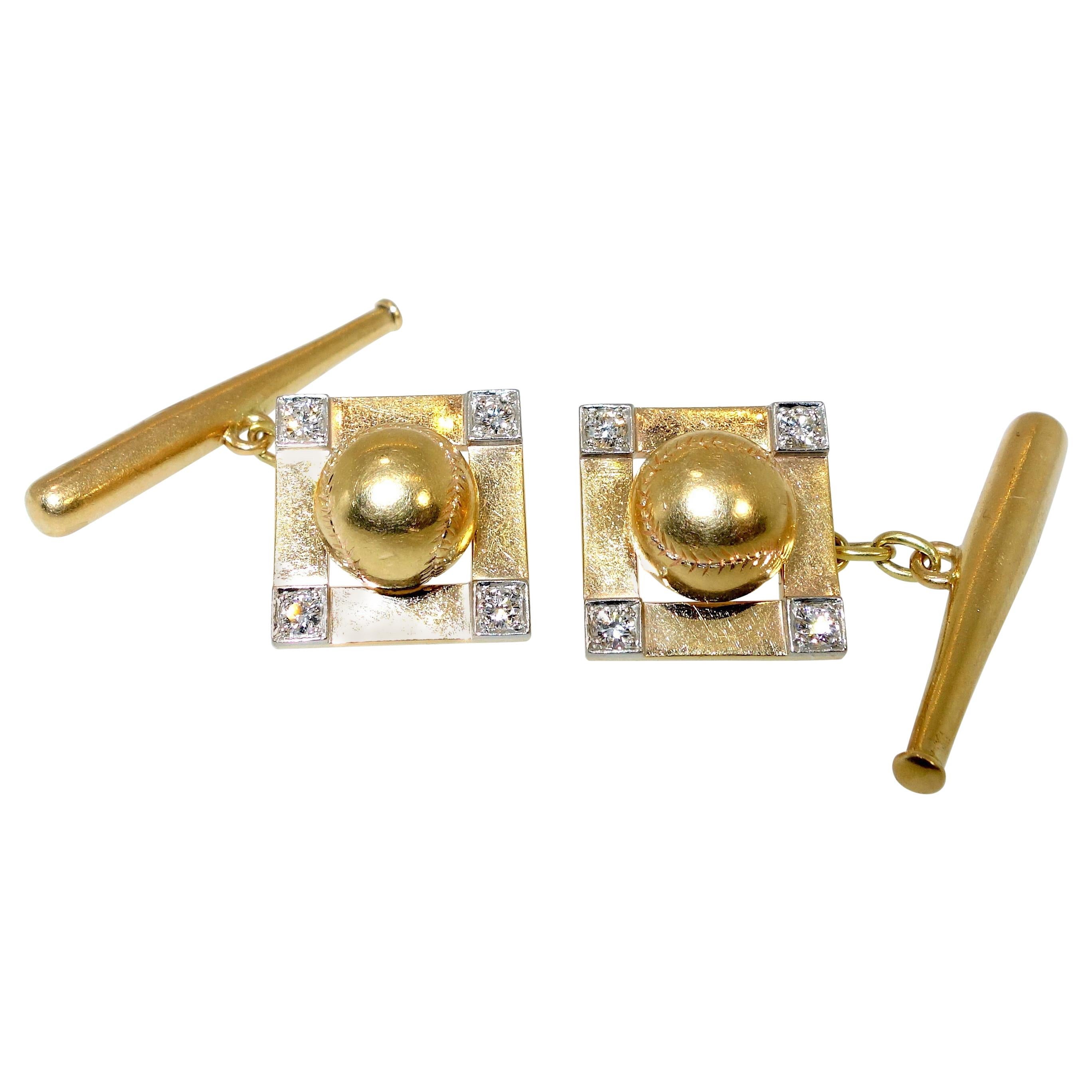  Gold cufflinks with a baseball motif, these cufflinks are quite unusual, they were made circa 1935.  The small diamonds are set in platinum.  Notice the detail on the baseball, the fine modeling of the gold bat, and the creative touch of the