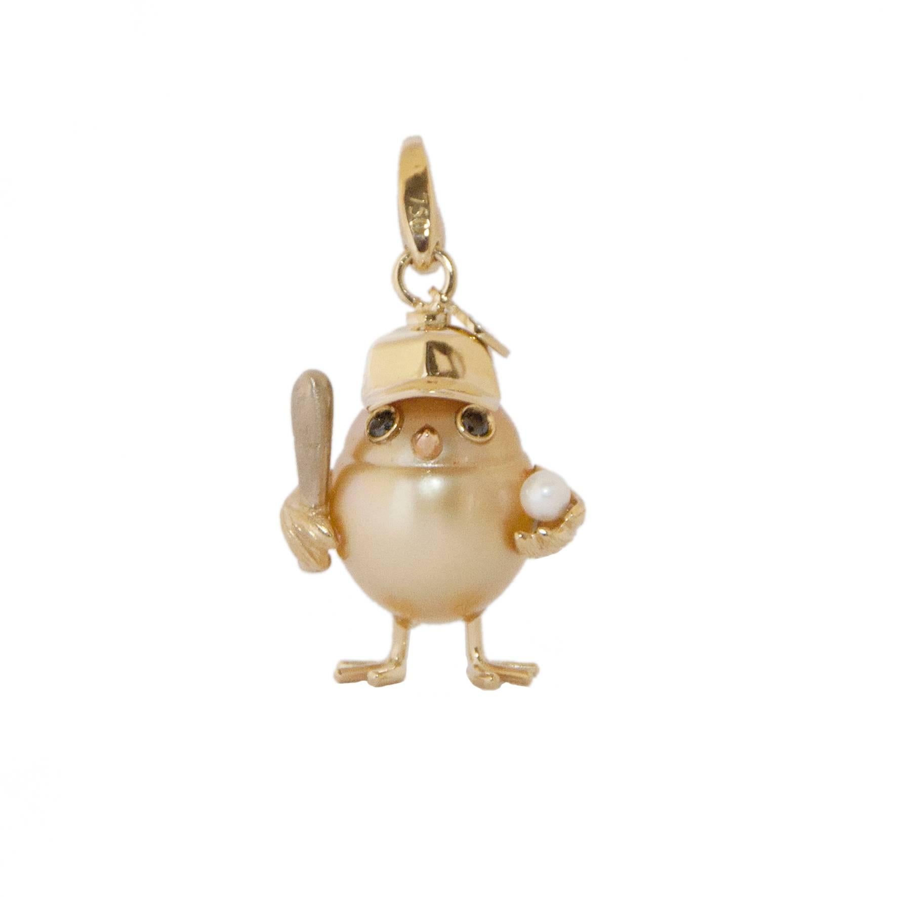 Baseball Player Chick Black Diamond 18K Gold Pearl Charm and Pendant or Necklace