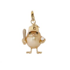 Baseball Player Chick Black Diamond 18K Gold Pearl Charm and Pendant or Necklace