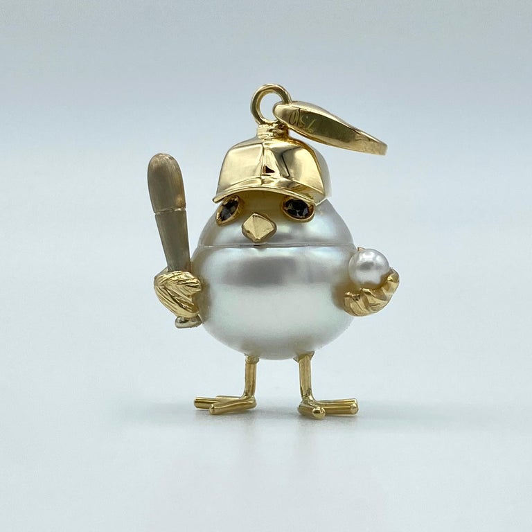 Baseball Player Chick Black Diamond 18Kt Australian Pearl Charm Pendant