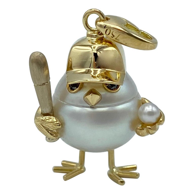 Baseball Player Chick Black Diamond 18Kt Australian Pearl Charm Pendant