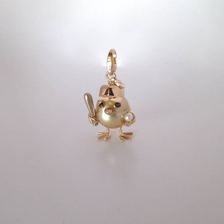Baseball Player Chick Black Diamond Gold Pearl Charm and Pendant