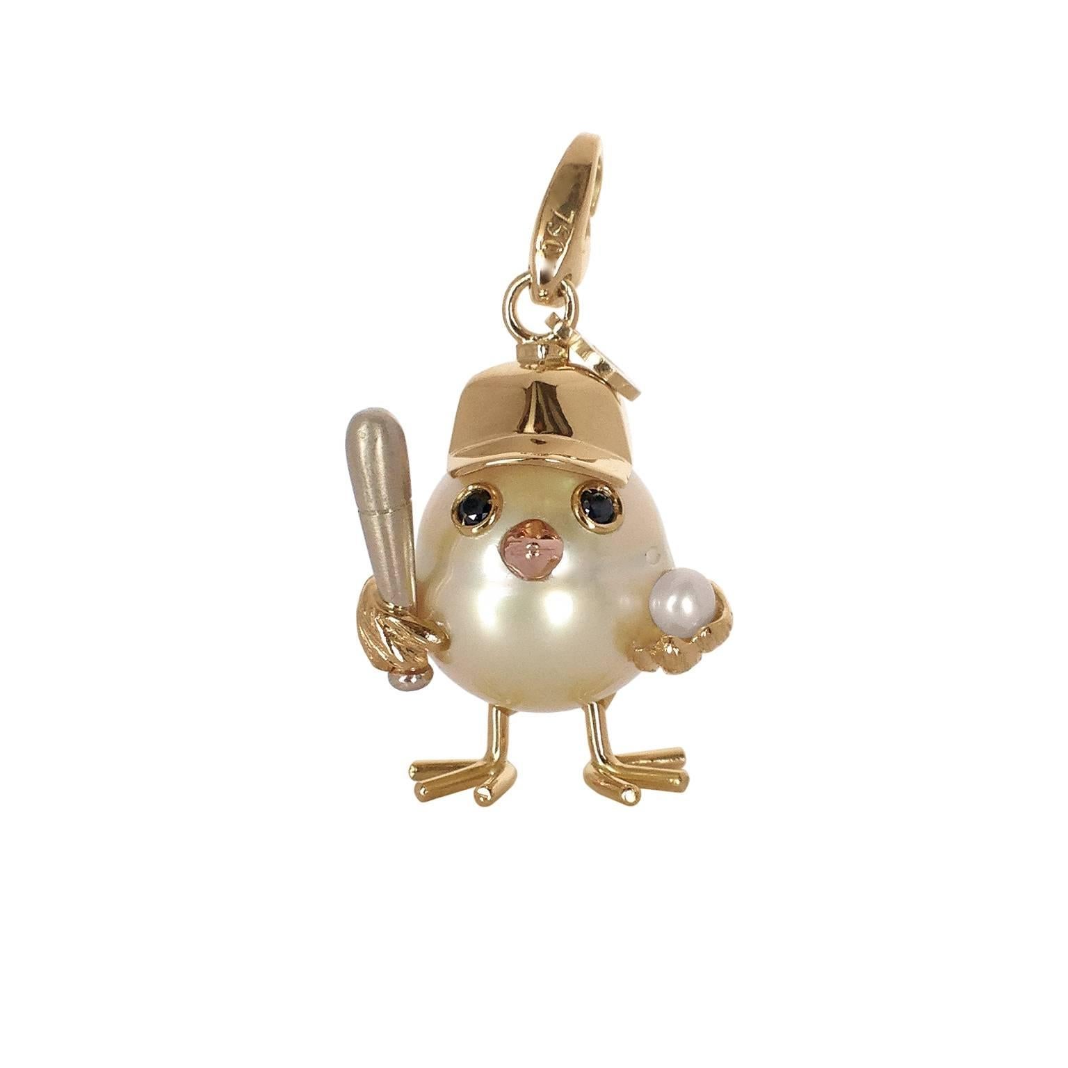 Baseball Player Chick Black Diamond Gold Pearl Charm and Pendant/Necklace