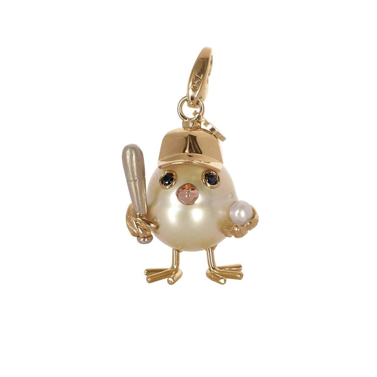 Baseball Player Chick Black Diamond Gold Pearl Charm and Pendant