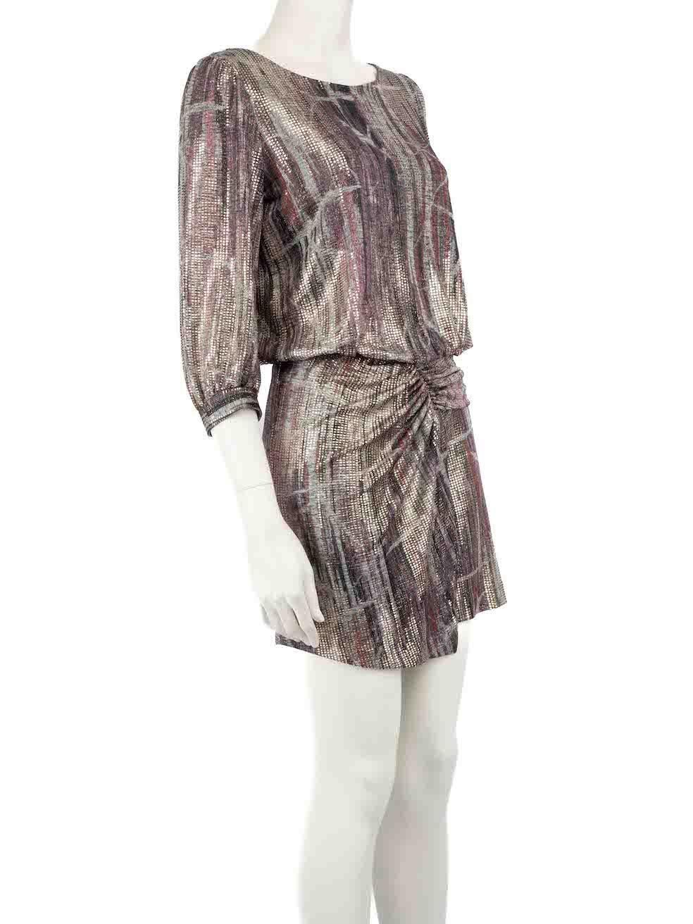 CONDITION is Very good. Hardly any visible wear to dress is evident on this used ba&sh designer resale item.
 
 
 
 Details
 
 
 Multicolour metallic
 
 Polyester
 
 Dress
 
 Abstract pattern
 
 Open back
 
 Round neck
 
 Long sleeves
 
 Mini
 
