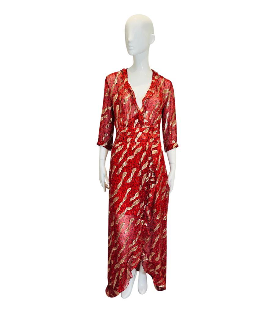 BA&SH Metallic Print Silk Maxi Dress
Red chiffon wrap dress designed with spotty print and metallic gold pattern.
Detailed with frilled V-Neckline and three-quarter sleeves. 
Size – 1 - S
Condition – Good (Tear at the back)
Composition – 76% Silk,