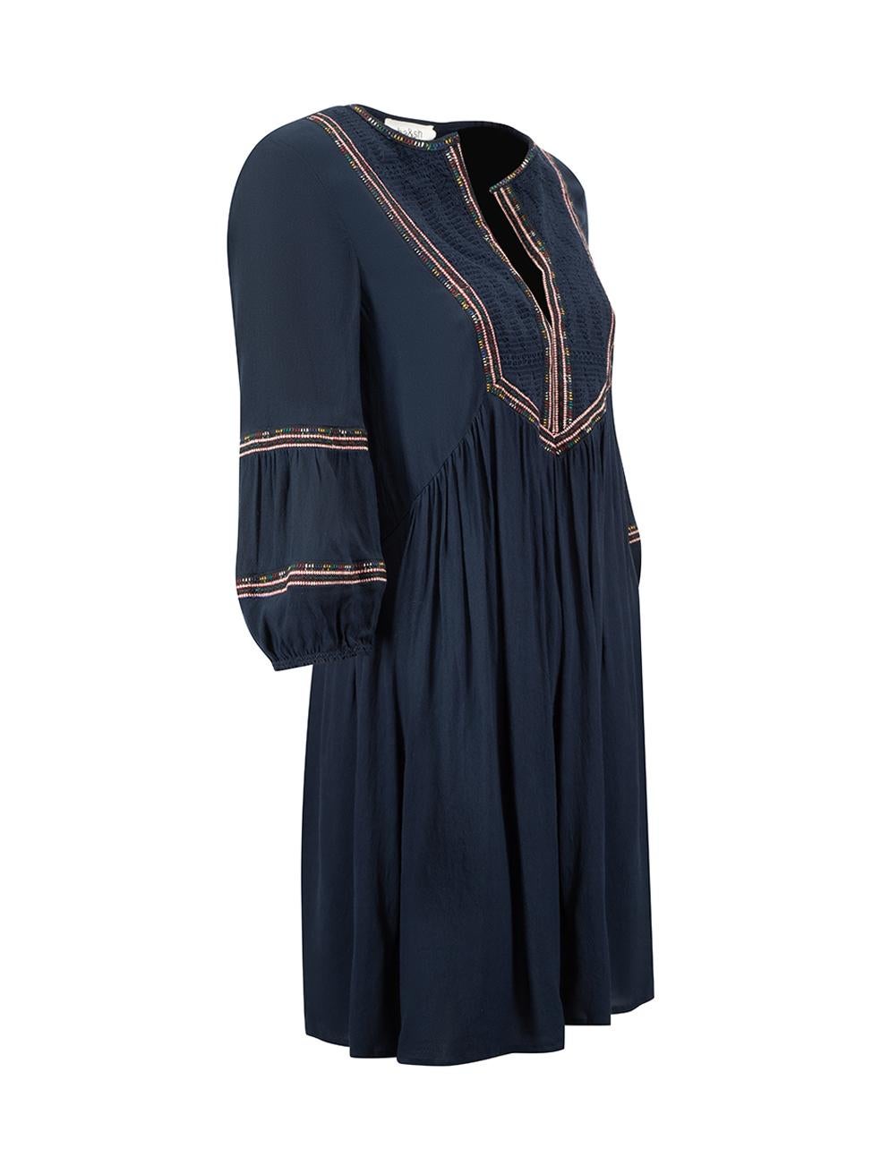 CONDITION is Very good. Hardly any visible wear to dress is evident on this used ba&sh designer resale item.
  
  Details
  Navy
  Viscose
  Mini dress
  V neckline
  Embroidered detail
  Mid length sleeves
  Elasticated cuffs
  
  
  Made in China