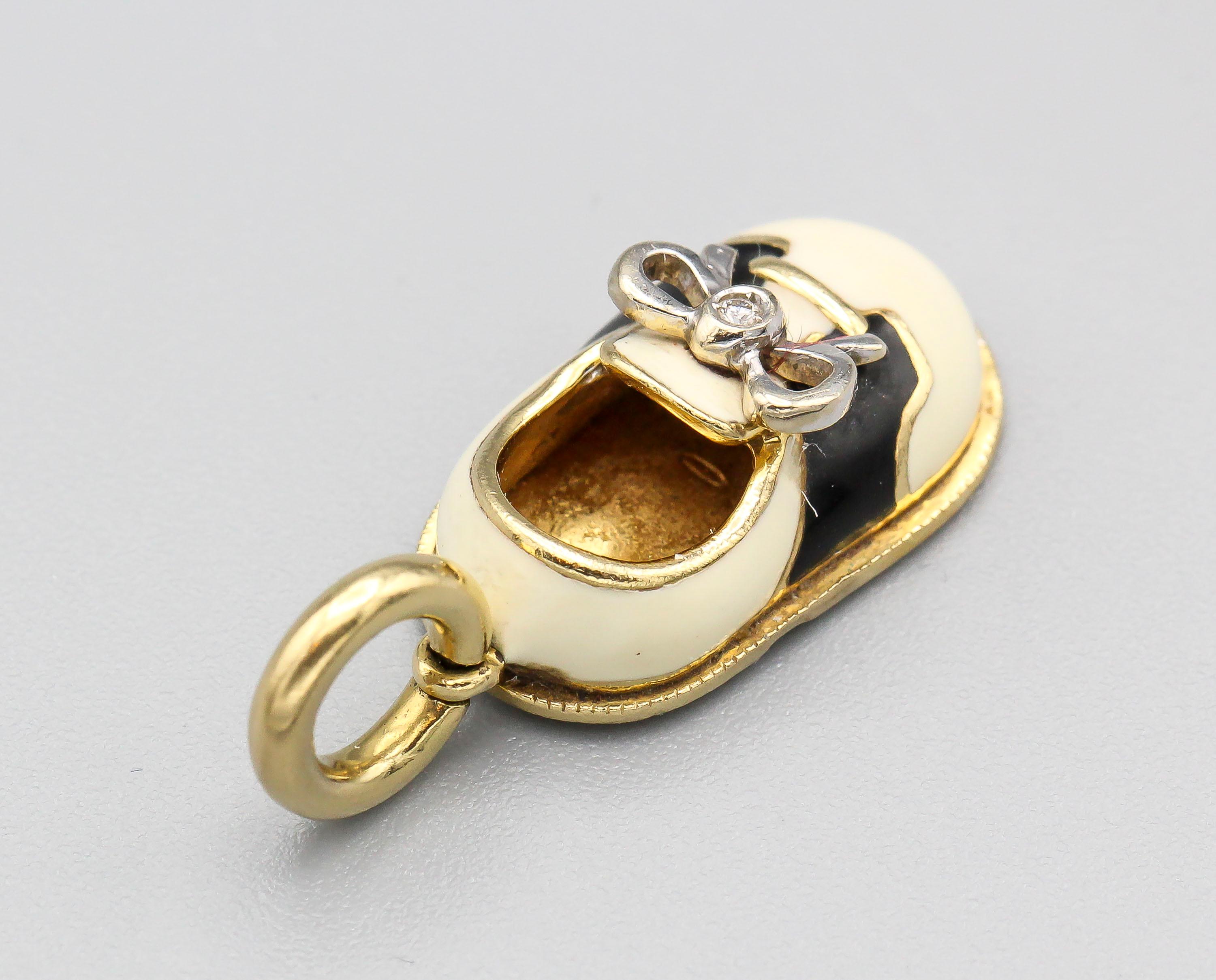 Round Cut Basha Diamond Enamel and 18 Karat Gold Baby Boy Shoe Charm